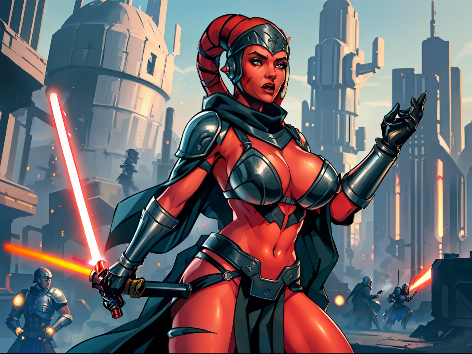 Gorgeous big tits Twi'lek woman in an action scene, (((fighting, swordfight, dual red lightsabers))), dynamic action, masterpiece, best quality, high-definition, armor, busty, ((red skin), twi'lek), dual red lightsabers, evil space knight, space ninja, (wearing black robes, black stealth armor, breastplate, tunic, tabard, cowl, cloak, body glove, straps, buckles, skirts, long sleeves, fantasy, ((armor))), ((busty), slender body, thin, slim sexy body, slim waist, ((gigantic breasts))), Imperial starship, Star Wars, futuristic city, warzone, soldiers in black armor