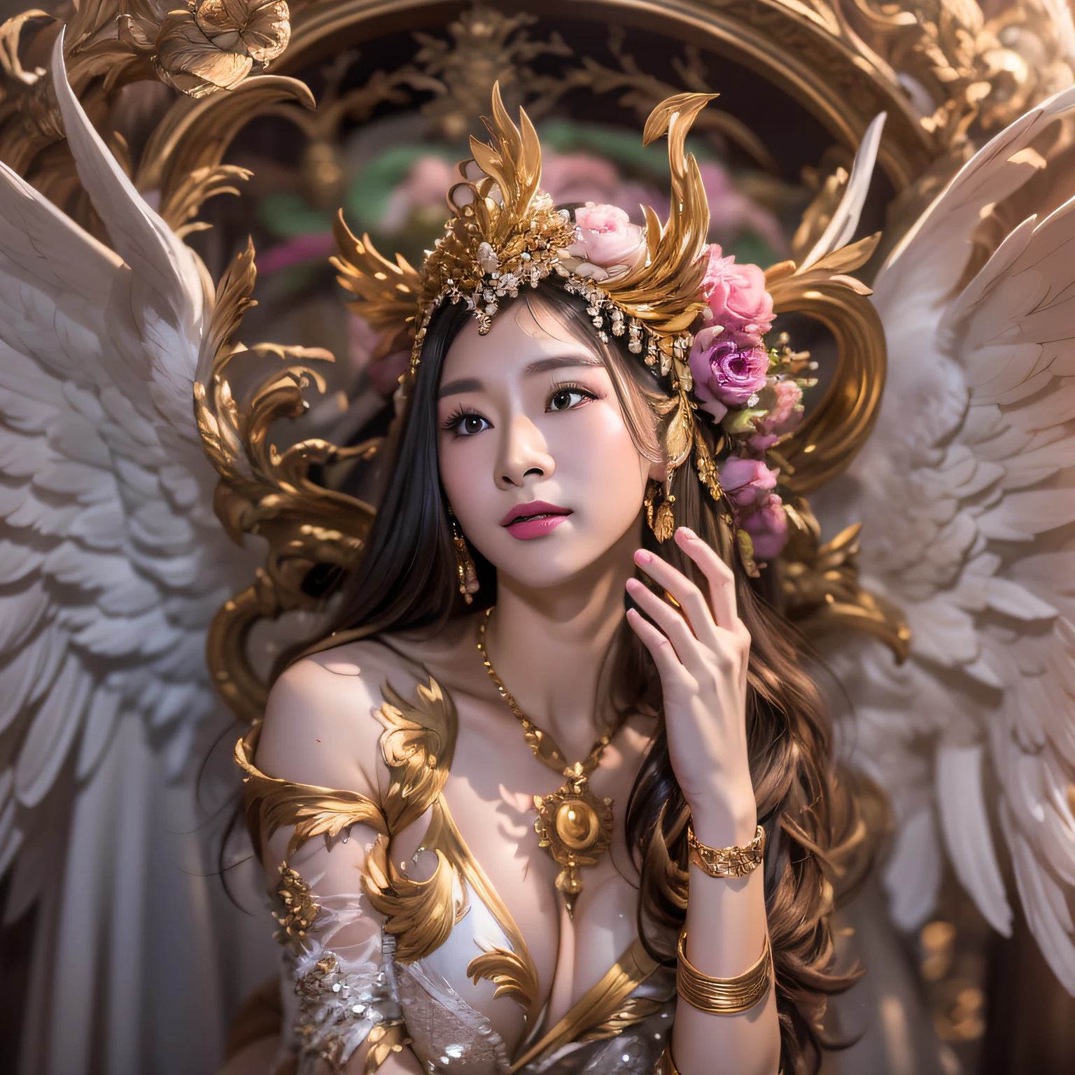 (Angels in mythology:2),(RAW photogr:1.2),(真实感:1.4),hoang lap,Unbelievably ridiculous,hugefilesize,ultra - detailed,A high resolution,The is very detailed,Best quality at best,tmasterpiece,Very fine and beautiful,The is very detailed,CG,unified,8k wallpaper,Amazing Cleavage,finely detailled,tmasterpiece,Best quality at best, Blush smile,Perfect proportions,hdr,Brighten face,8K,raw data,