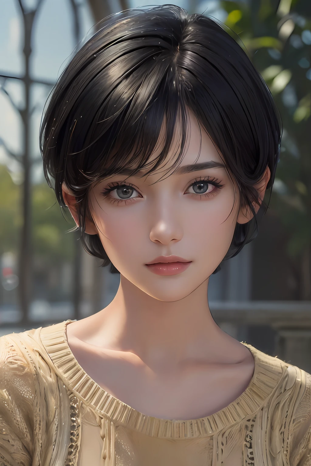 (masterpiece:1.3), (8k, photorealistic, RAW photo, best quality: 1.4), (1girl), beautiful face, (realistic face), (black hair, short hair:1.3), beautiful hairstyle, realistic eyes, beautiful detailed eyes, (realistic skin), beautiful skin, (sweater), absurdres, attractive, ultra high res, ultra realistic, highly detailed, golden ratio