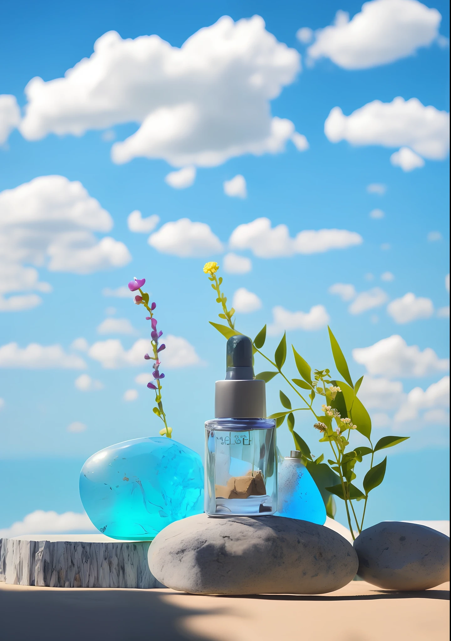 There was a bottle of nail polish sitting on a pile of stones, Colorful bottles and plants, Relaxed. Blue background, Natural complexion, Professional product photography, commercial product photography, sky theme in background, high qualityProduct photography, background-image, summer setting, nature and clouds in background, products shot, Product photography, still life photo of a backdrop, a bright summer day