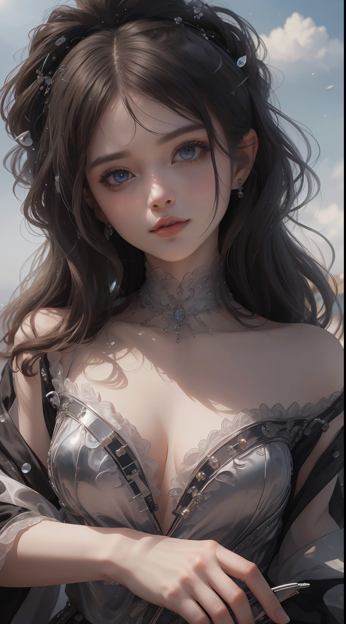 8K ultra hd, masterpiece, ultra quality, a cute girl, cute face, detailed eyes, detailed lip, medium breathe, dress, black robe dress, beautiful robe dress, smoke effect, shining, morning time, sun light, upper body capture, whole body capture,