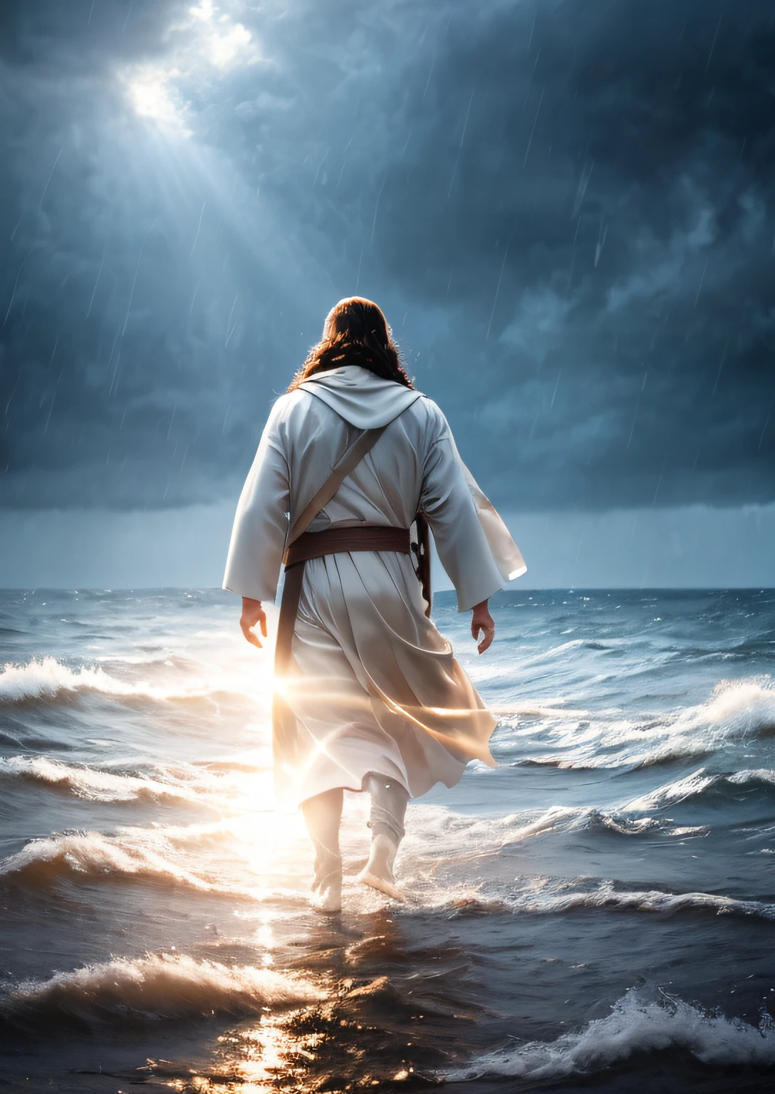 Jesus walking on water in a storm, soft expression, rays of light coming down from the sky, masterpiece, high quality, high quality, highly detailed CG unity wallpaper 8k, award winning photos, bokeh, depth of field, HDR, bloom , chromatic aberration, realistic, very detailed, trending on artstation, trending on CGsociety, complex, high detail, dramatic, mid-journey art, volumetric lighting