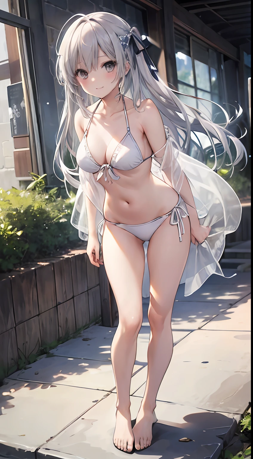 Detailed,Masterpiece,Silver hair,long whitr hair，Bare legs, 鎖骨，1girll，swim wears、A white bikini、ssmile、standing on your feet