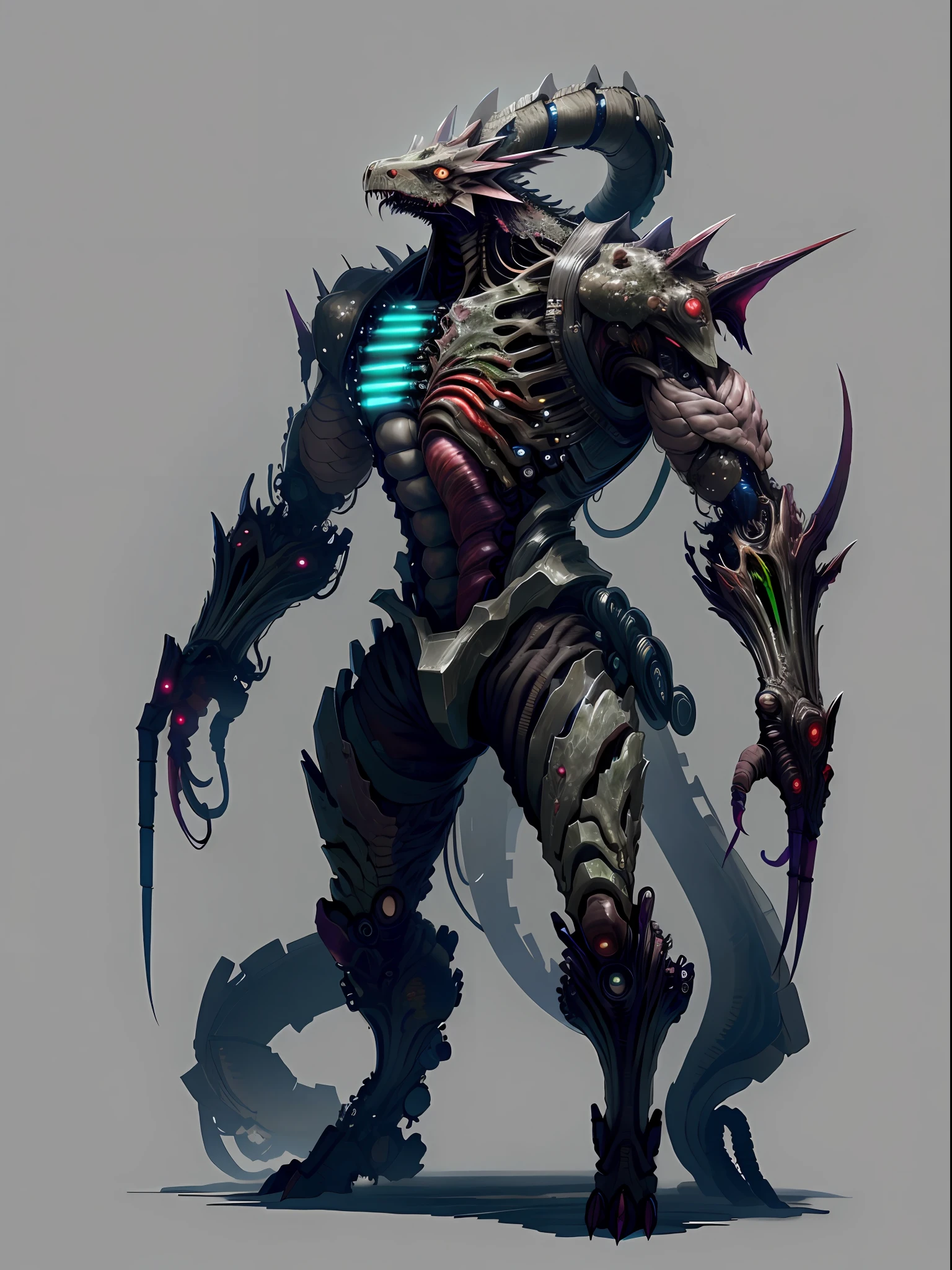 Biopunk artificial intelligence Dragon Man，Full body like，a black trench coat，Shabby black shorts，nakeness，Chemical and biological weapons，Sharp claws，mouth drool