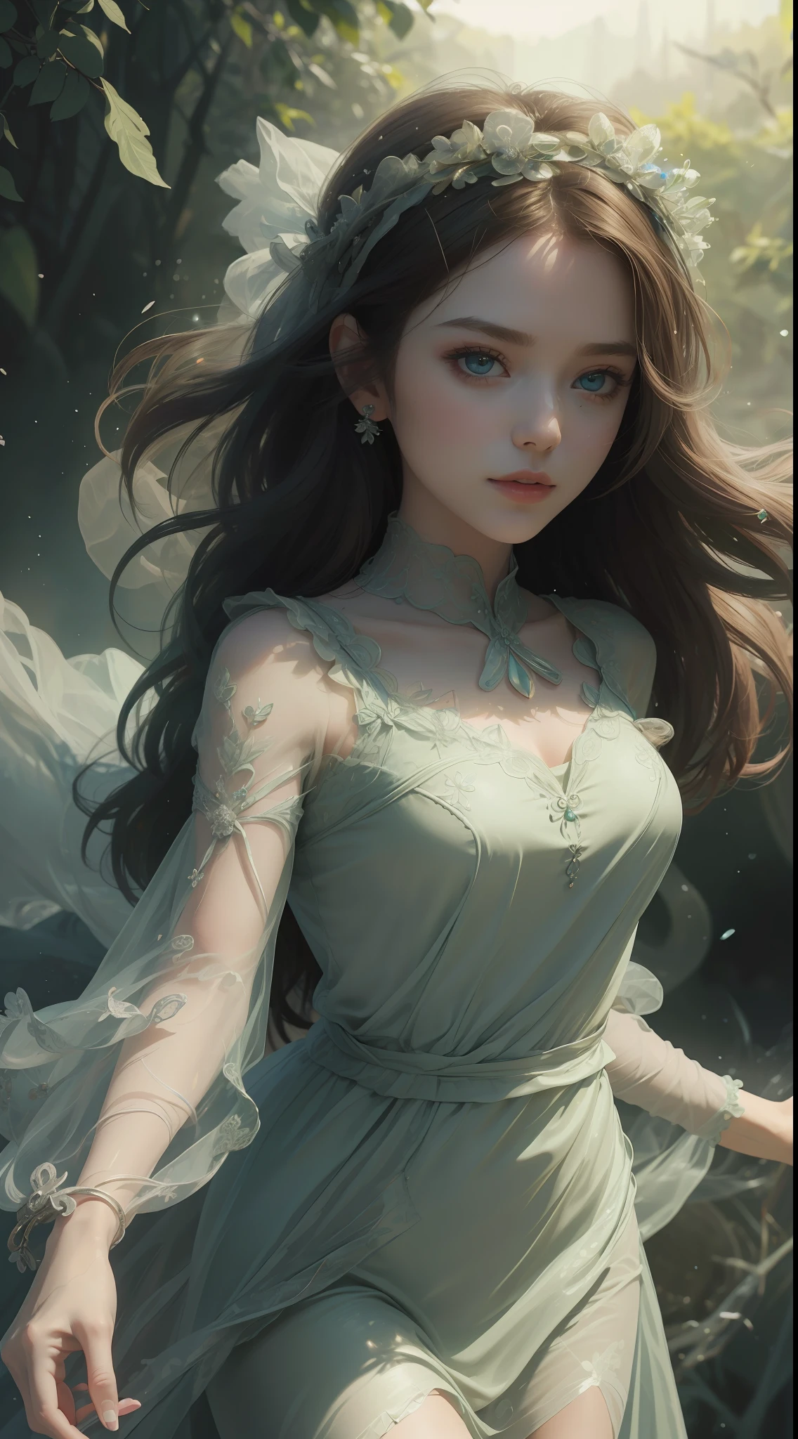 8K ultra hd, masterpiece, ultra quality, a cute girl, cute face, detailed eyes, detailed lip, medium breathe, dress, green dress, beautiful net dress, smoke effect, shining, morning time, sun light, whole body capture,