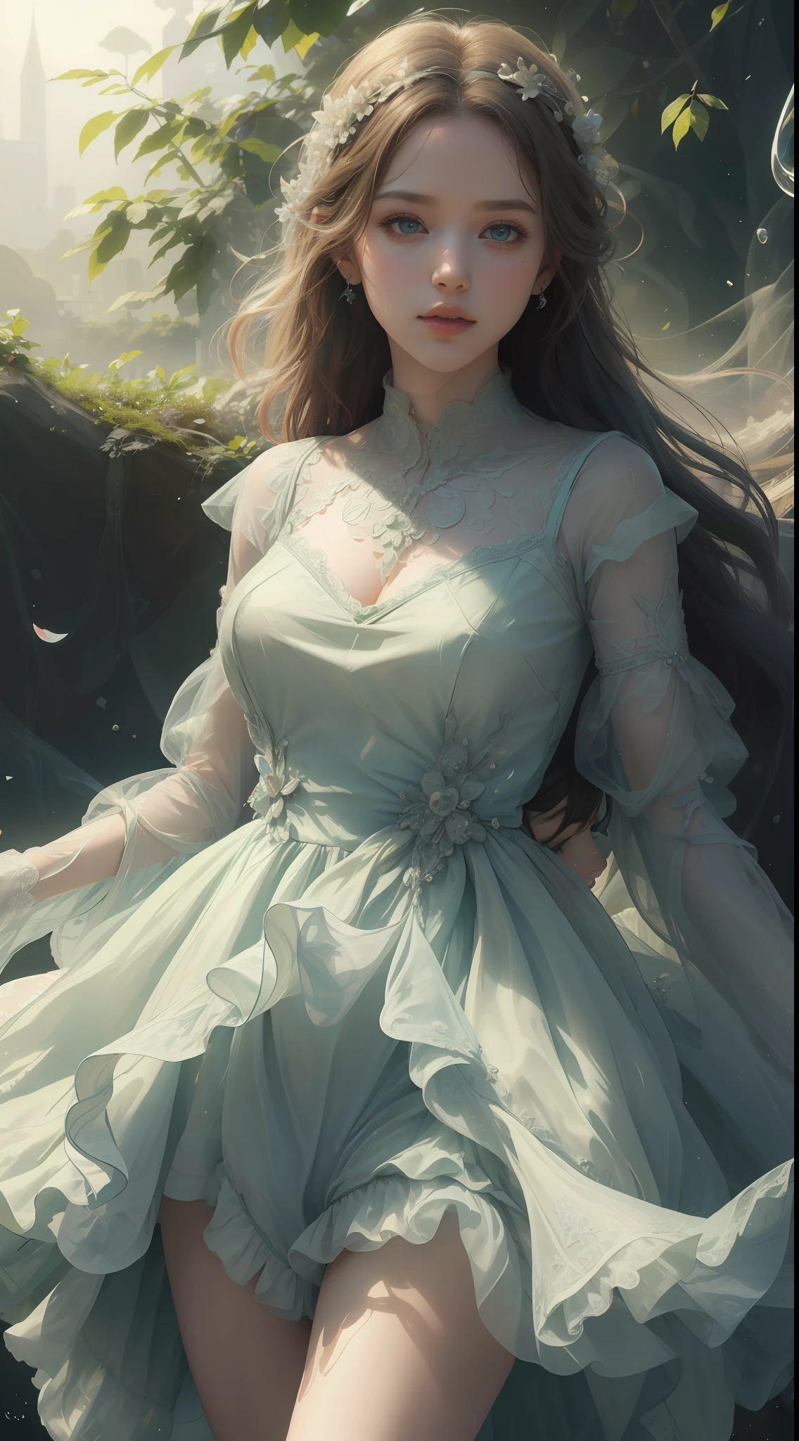 8K ultra hd, masterpiece, ultra quality, a cute girl, cute face, detailed eyes, detailed lip, medium breathe, dress, green dress, beautiful net dress, smoke effect, shining, morning time, sun light, whole body capture,