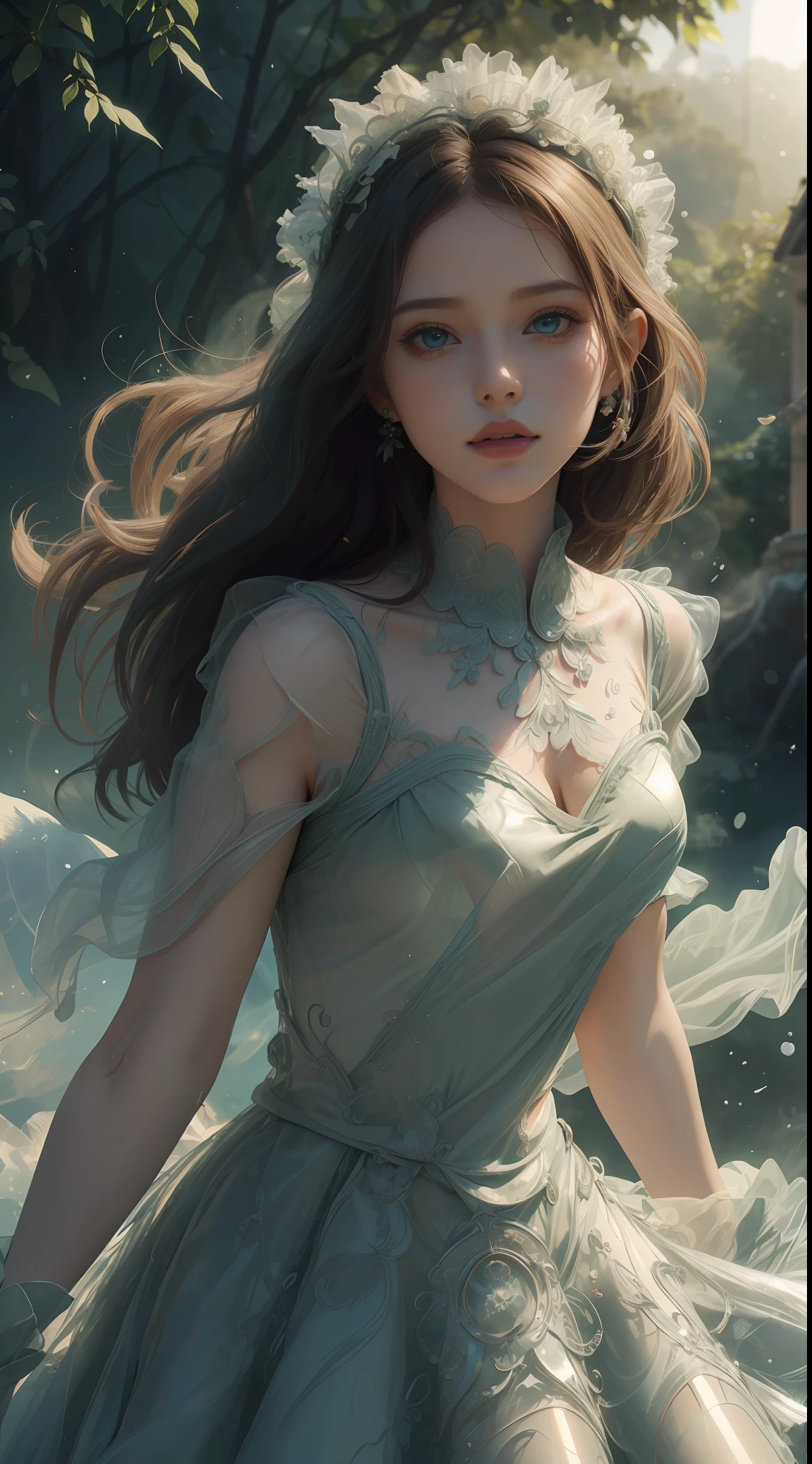 8K ultra hd, masterpiece, ultra quality, a cute girl, cute face, detailed eyes, detailed lip, medium breathe, dress, green dress, beautiful net dress, smoke effect, shining, morning time, sun light, whole body capture,