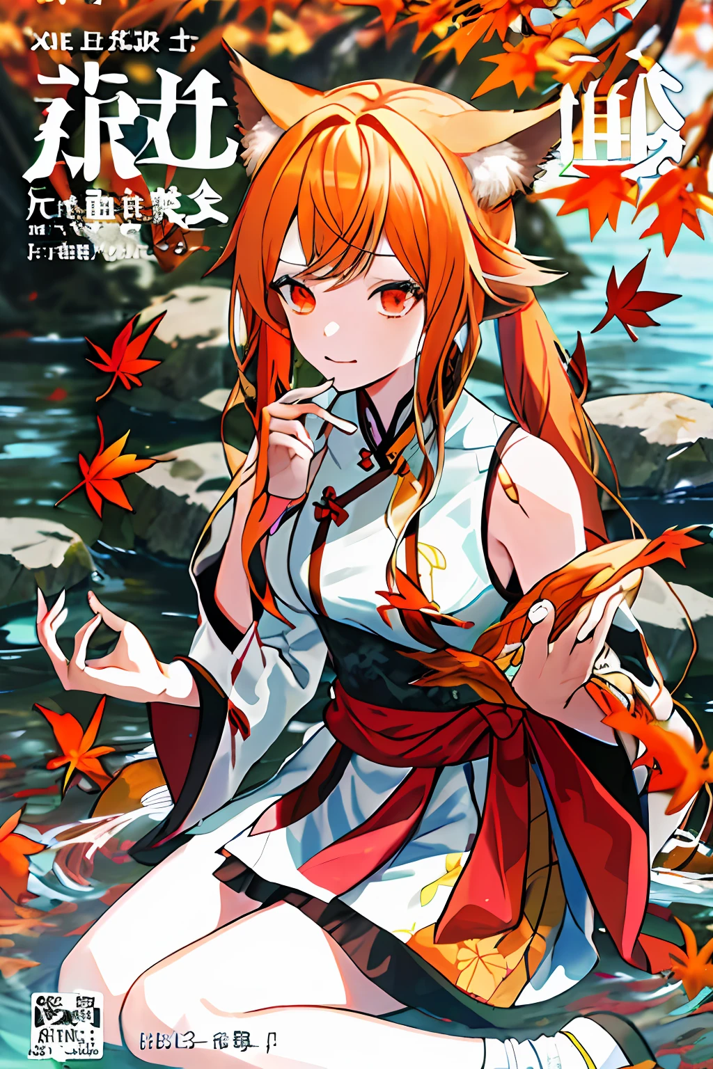 Enle Wonderland,Chinese mythology,Colorful auspicious clouds,autumnal,fall leaves,falling leaf,Holding_leafs,fronds,Leaf background,leaf hair ornament,Maple leaves,aki_shizuha,Leaf print,starfish,Angry blood vessels,ginkgo leaf,Cephalic parietal lobes,Angry blood vessels,The tree,waterfallr,sweet potato,dragonfly,acorns,独奏,pigtails,Blurred foreground,1girll,In the daytime,painting of a,depth of fields,bblurry,long whitr hair,tree branch,Hair decoration,leaves in wind,ln the forest,exteriors,naturey,bonfires,The shirt,lookingat_at_peeping at the viewer,hot onsen,Koi,sitted,tmasterpiece,Best quality at best,(Best quality at best), ((Masterpiece)), (A high resolution), Original, Extremely detailed 8k wallpaper, (Extremely Delicately Beautiful),((详细的脸)), beatiful detailed eyes, Hair flutters in the wind, messy hair, lens flare glow, 1Blittle girl,full bodyesbian,(blonde eyes),(red - eyed),(Wolf ears),(Yellowhair),(Wolf tail),(Wolf ears),(Moe girl:1.1),(Wolf ears),Nice detailed eyes,Orange hair,Very long hair,little breast,(looking at viewert),(Magazines:1.3),(Cover style:1.3),Fashionab,woman,with dynamism,garments,posing on a,frontage,Colorful,dyna,Background with,element in,self-assured,Expressing the,halter,statement,fittings,A majestic,coil,Runt,Touching pubic area,Scenes,text,Cover of a,Bold,attention-grabbing,titles,Fashionab,typeface,Catchy,titles,more big,Smart,modern day,Fashionab, focus-on, Fashionab