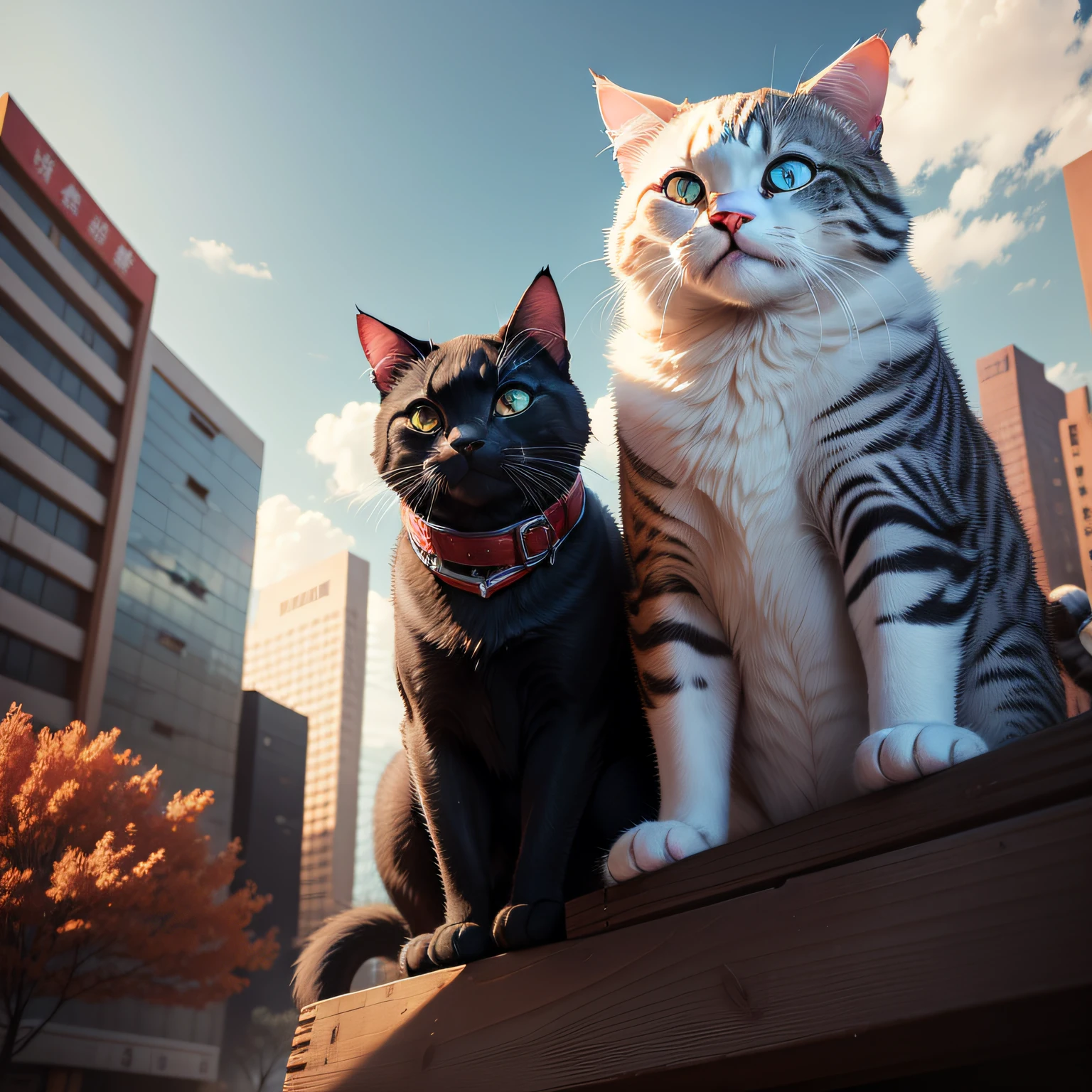 Always colorful cats,The sky is red,The trees are dilapidated,Someone is fighting in the distance。
