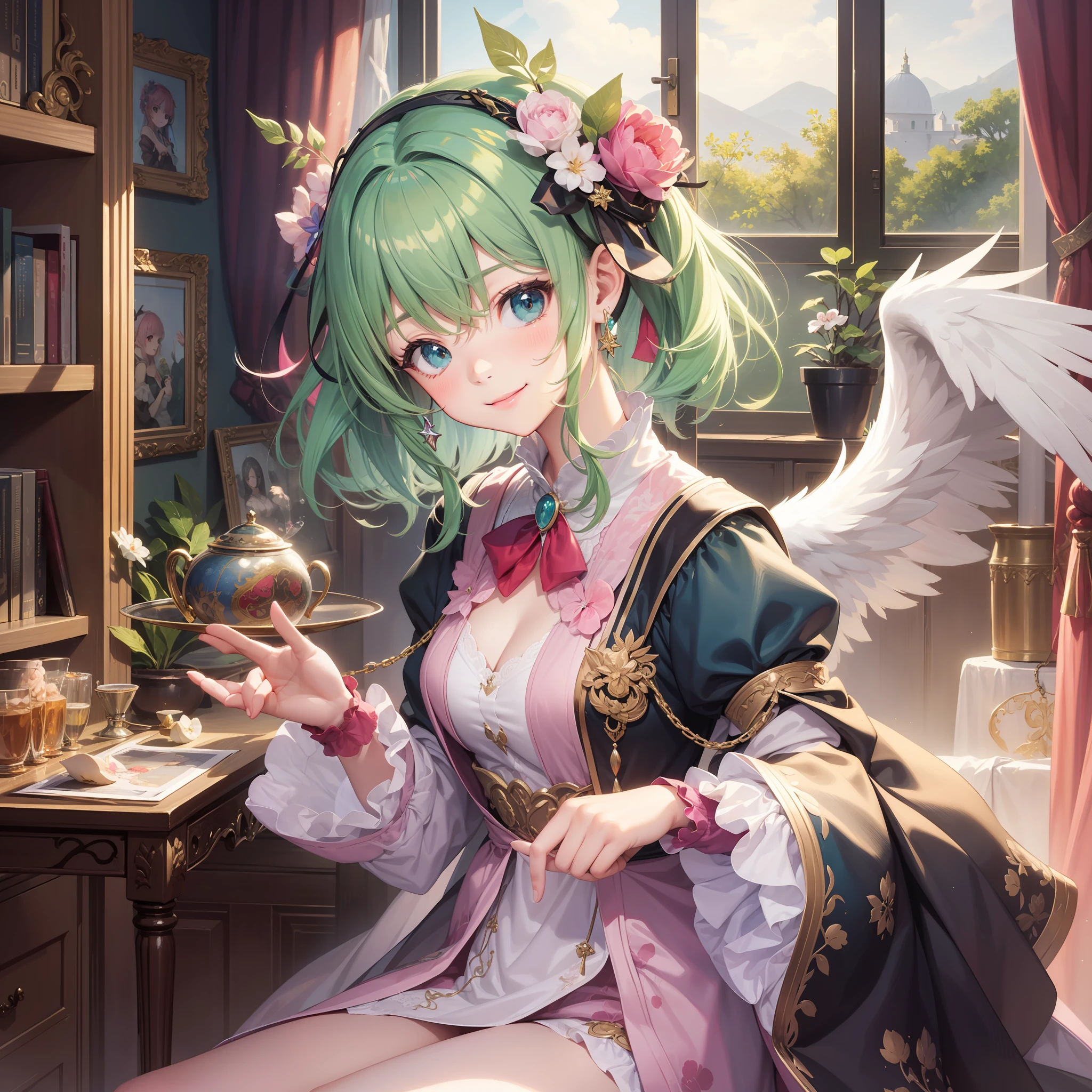 Multiple characters from the harem were depicted with smiles、Angel wings grew girl with Masterpiece illustrations with the highest image quality and ultra-high resolution。a beauty girl Pink hair Green hair