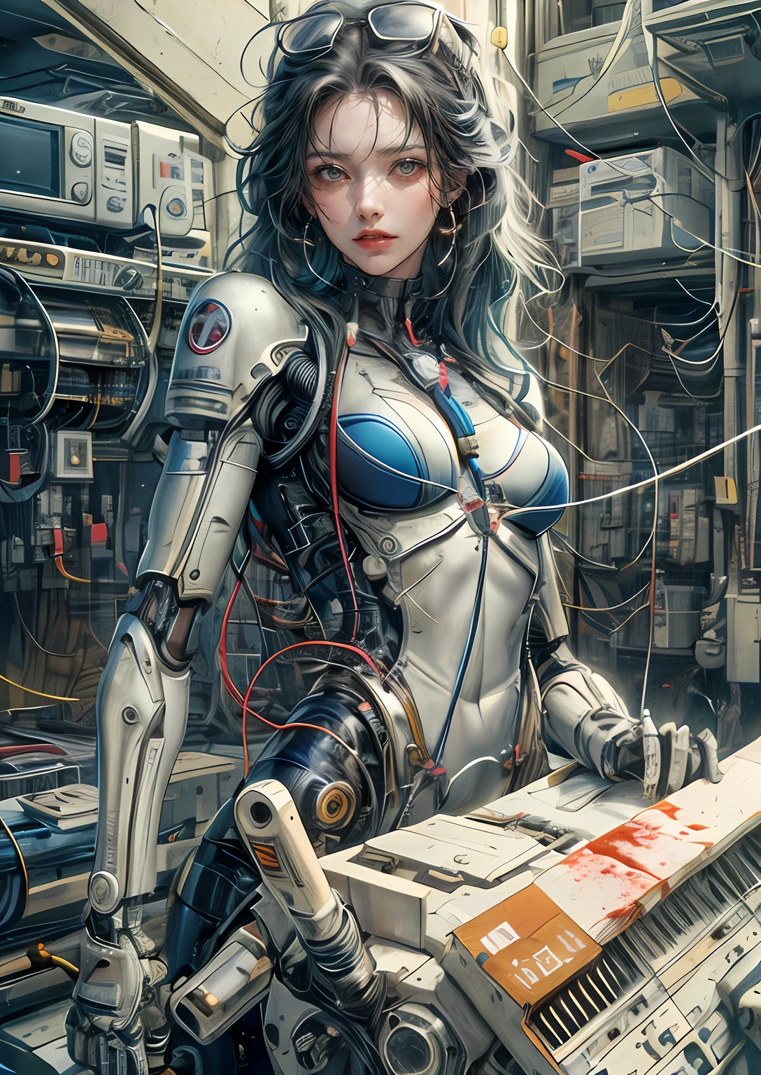 (((masterpiece))), (((best quality))), ((ultra-detailed)), (highly detailed CG illustration), ((an extremely delicate and beautiful)),cinematic light,((1mechanical girl)),solo,(cowboy shot:1.2),(machine made joints:1.2),((machanical limbs)),(blood vessels connected to tubes),(mechanical vertebra attaching to back),((mechanical cervial attaching to neck)),expressionless,(wires and cables attaching to neck:1.2),(wires and cables on head:1.2),(character focus),science fiction,extreme detailed,colorful,highest detailed, loongs,fengs,background,