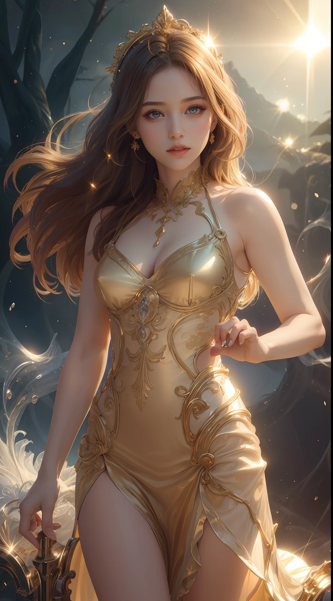 8K ultra hd, masterpiece, ultra quality, a cute girl, cute face, detailed eyes, detailed lip, medium breathe, dress, golden dress, beautiful shining dress, smoke effect, shining, morning time, sun light, whole body capture,