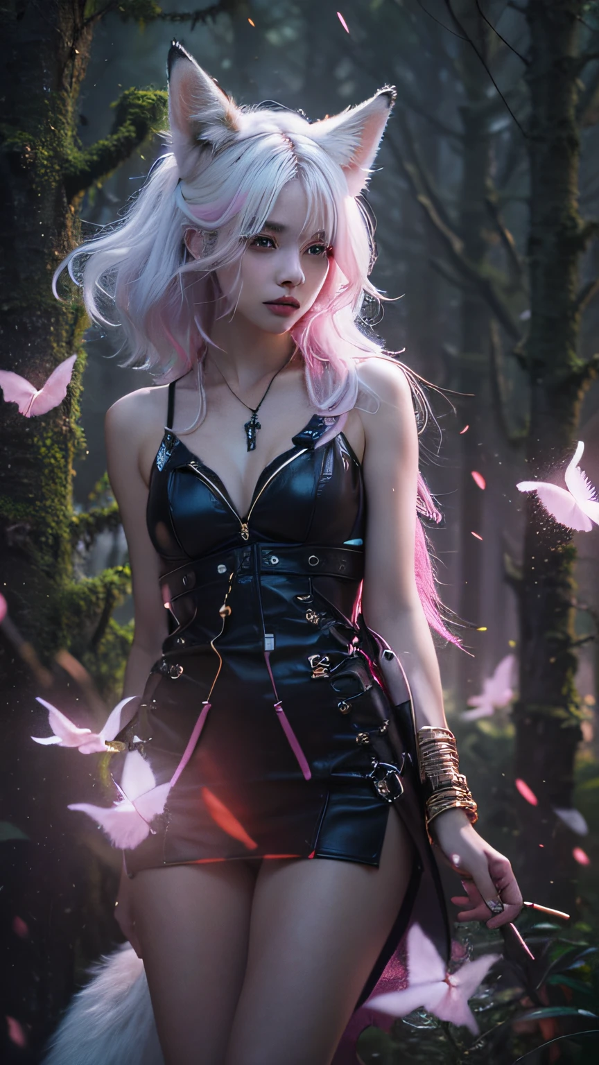 tmasterpiece，super high image quality，solo person，the night，1 Girl with white hair with fox ears，tiny ears，Pink pick-dye hair，Colorful clothes，cropped shoulders，artistic pose，Artistic composition，Real finger structure five，Seductive eyeliner，succubi，Charming，Love magic，In the forest at night，fully body photo，ultra - detailed，Delicate eyes and facial features，Perfect look，Ignition lighting effect，，Light occlusion，Surprising scene，Surprisingly gorgeous