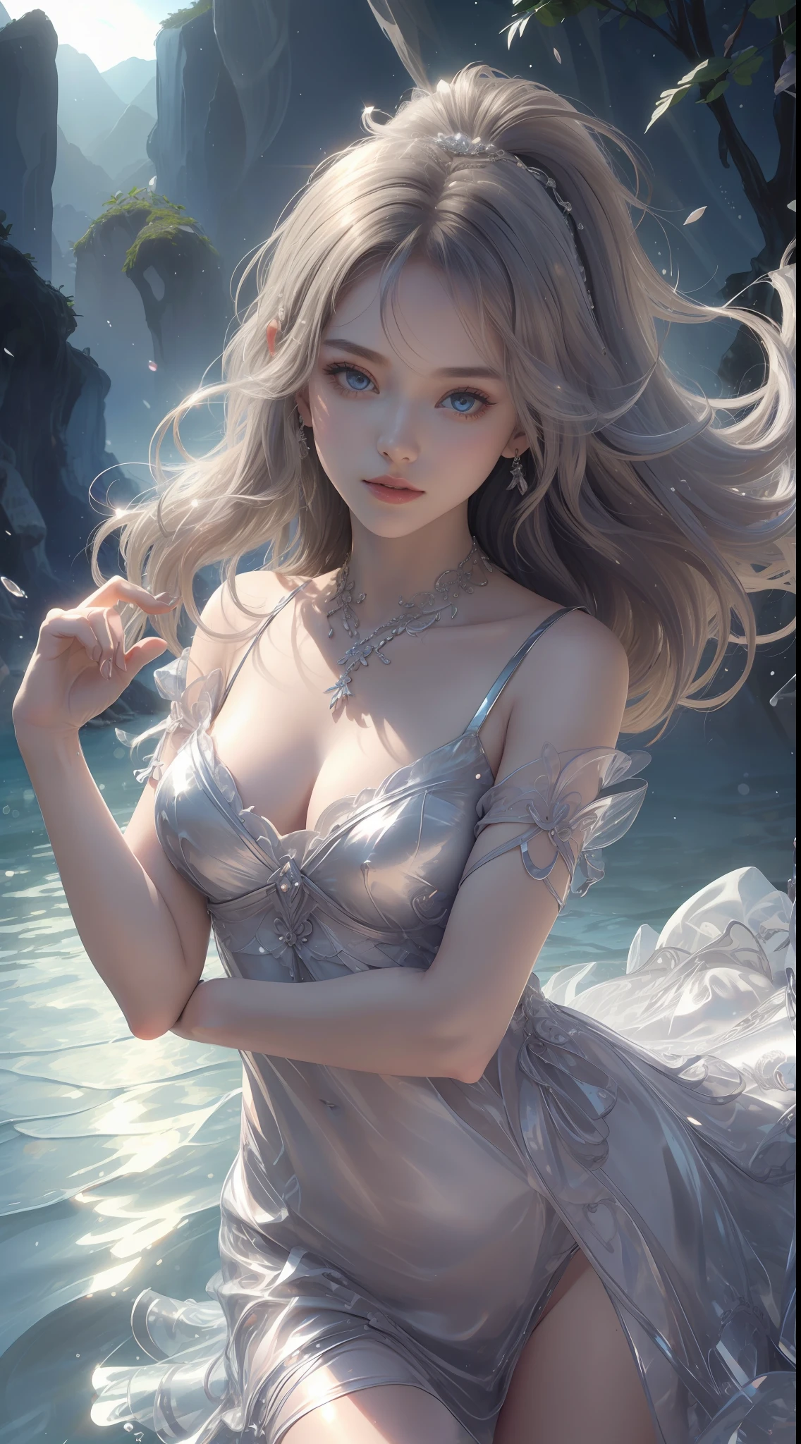 8K ultra hd, masterpiece, ultra quality, a cute girl, cute face, detailed eyes, detailed lip, medium breathe, dress, silver dress, beautiful shining dress, shining effect, shining, morning time, sun light, whole body capture,