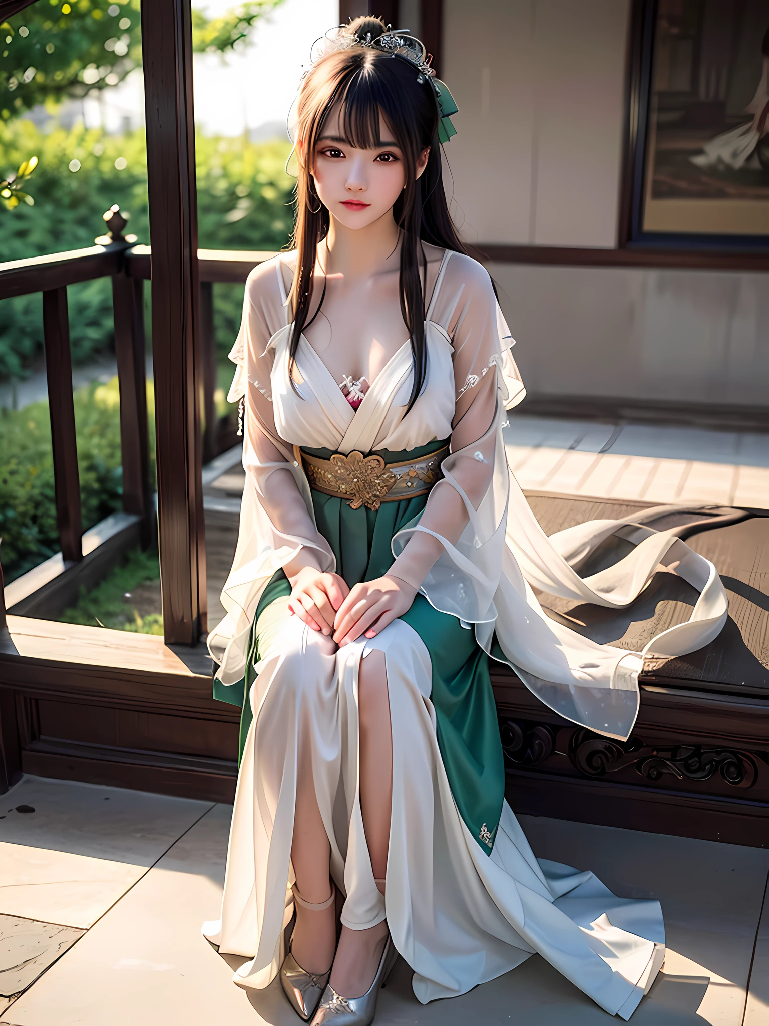 There is a girl in a green dress, plum blossoms, palaces, oriental architecture ray tracing, {best quality}, {{masterpiece}}, extremely detailed 8K wallpaper, {an extremely delicate and beautiful}, colorful, intricately detailed, Realistic, real, camera quality, (detailed depiction of clothes), cool white skin, (detailed depiction of blush), 1080p, sun, soft cuteness, smooth light silver hair, messy beauty, lighting, broken feeling, bright and silky skin , 3D stereoscopic, masterpiece, best quality, super fine illustration, beautiful eyes, very fine light, fine glow, very fine 8K CG wallpaper, peach eyes, red pupils, an extremely delicate and beautiful girl, 8k Wallpaper, best quality, full body close-up, white long dress, luxurious silky bright red chiffon floodlight (magic, glitter, ultra-thin, soft,) Hanfu
