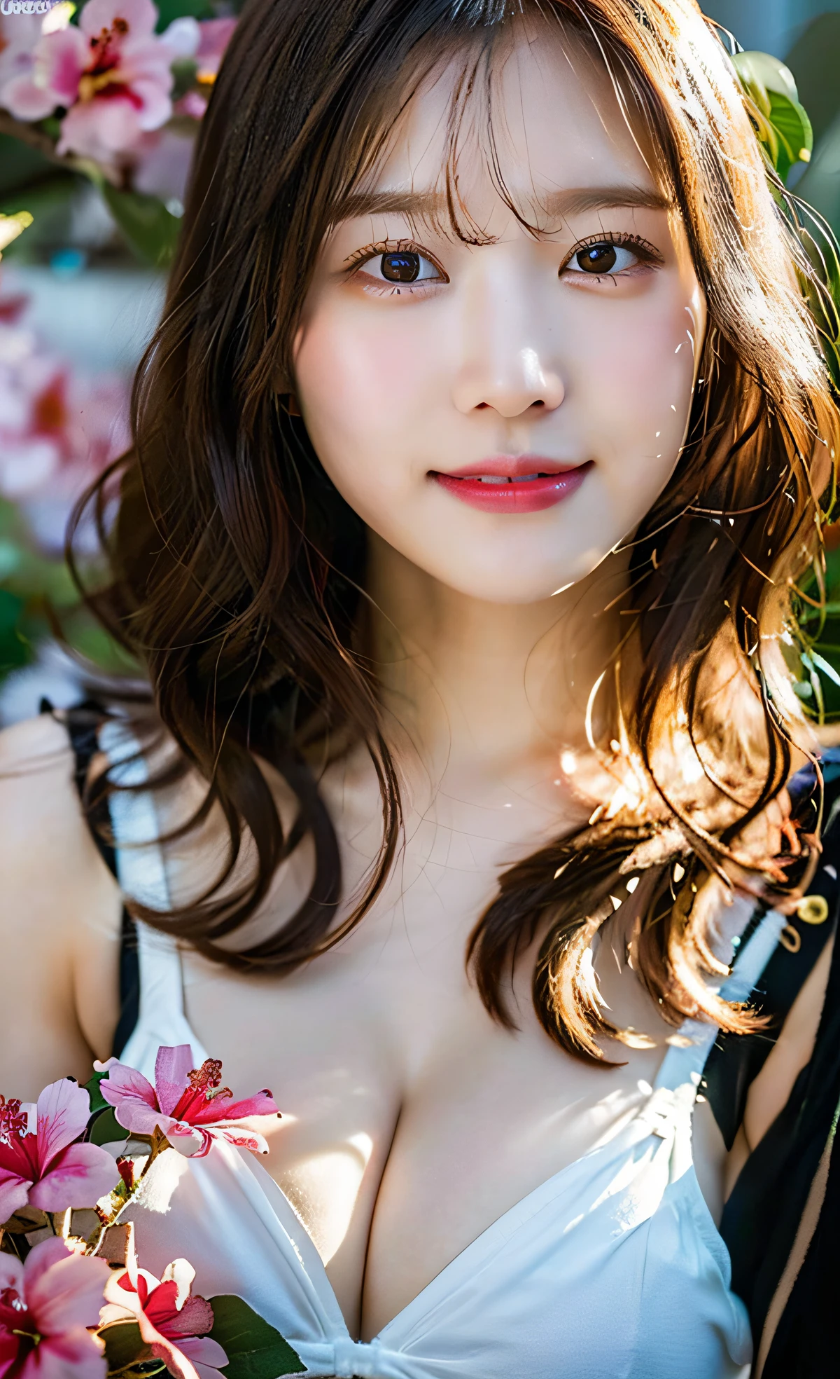 8K,Professional Lighting ,Aerial perspective ,超A high resolution ,(photographrealistic: 1.1) ,Detailed face ,Cute Girl ,White bra, cleavage of the breast ,(tits out:1.1) ,florals ,Skysky ,vivid flowers ,A slight smil ,hibiscus ,