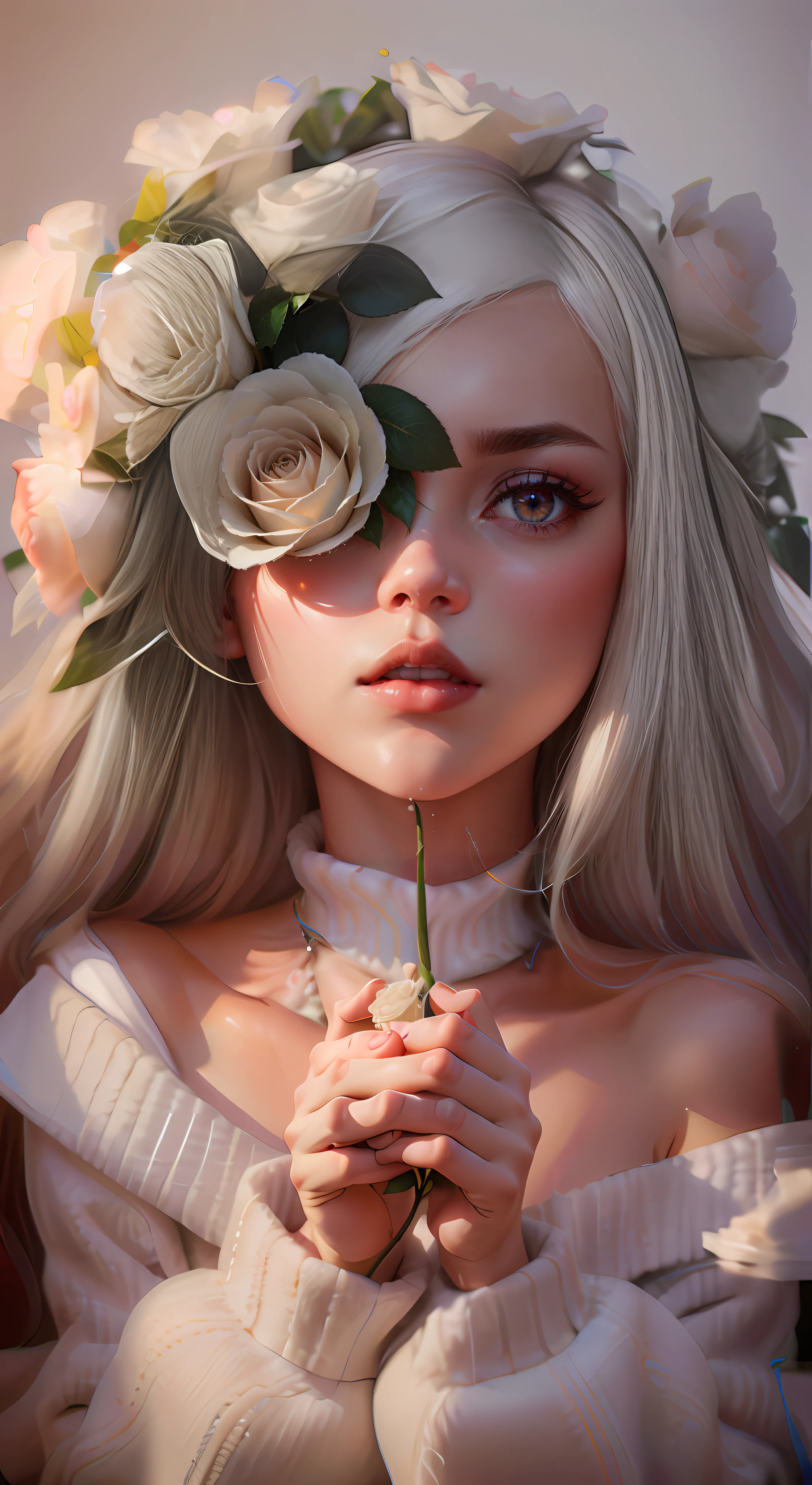 whitesweater，Roses are nailed below，3D image quality enhancement，Shut up slightly，A vivid image of a rose，Fine finger detailing，Perfect hair and sweater，Protruding head wear，Clear flowers，Keep your mouth shut，Roses and leaves，Fingers are clearly visible，Moisturizes complexion，Confused and trance-like eyes，Tear stains on the face，Ten clearly visible fingers，Glossy and delicate lips。Overall image quality: Ultra HD flowers are clearly visible，The 3D shadow distribution is obvious。Highlight the bouquet and hold a bouquet of white roses to the chin