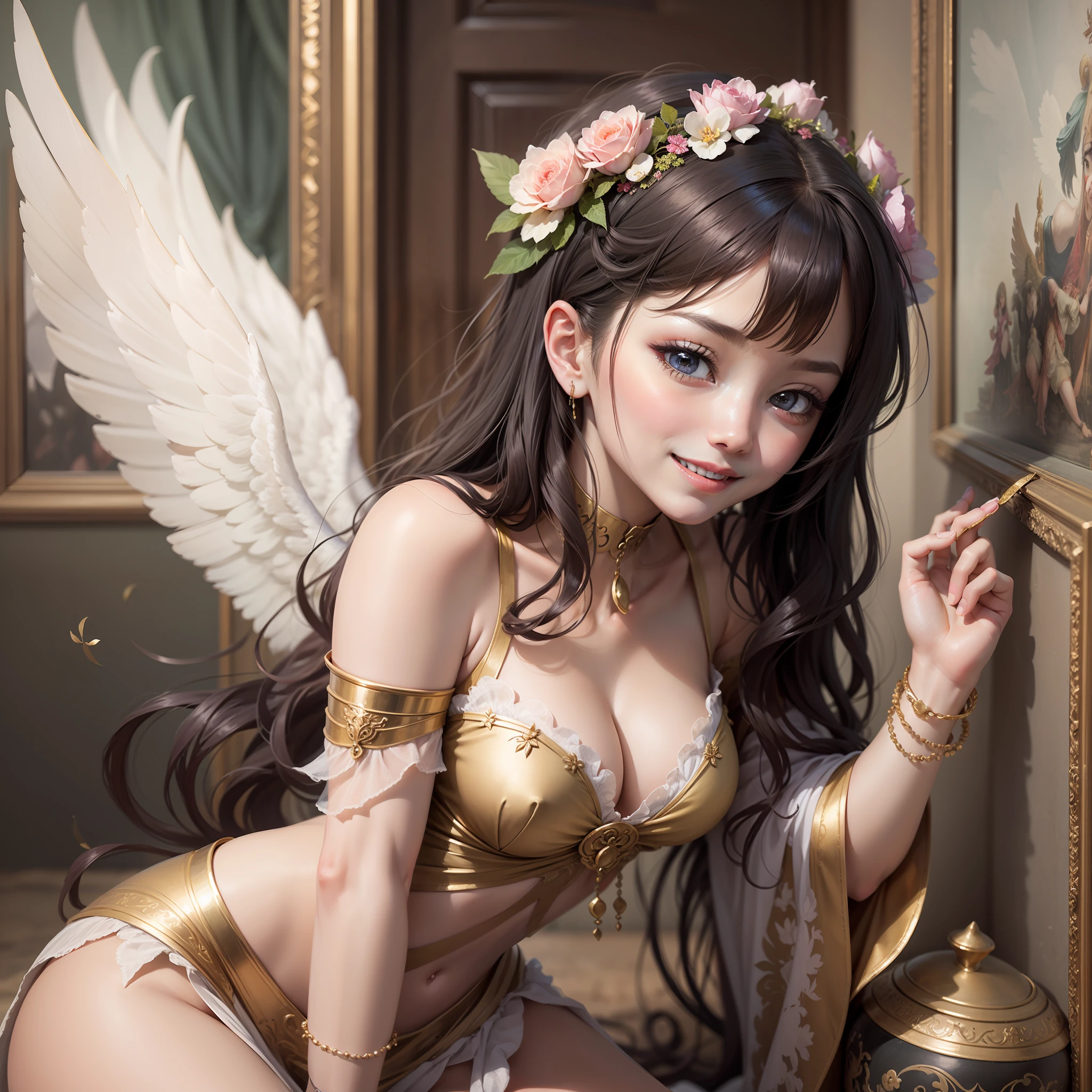 Multiple characters from the harem were depicted with smiles、Angel wings grew　girl with　Masterpiece illustrations with the highest image quality and ultra-high resolution。a beauty girl