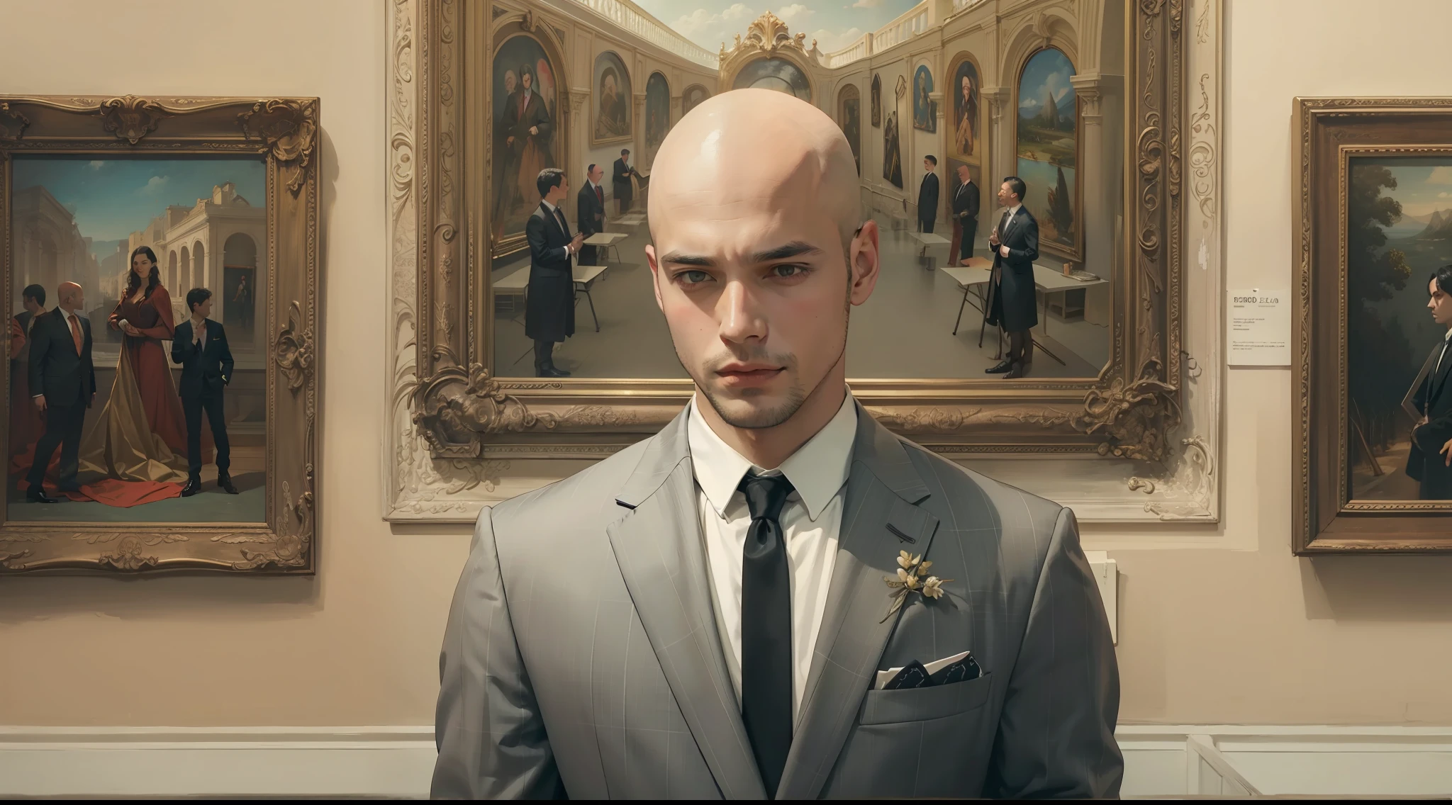 A handsome man in a suit with no hair in an art museum with beautiful paintings on the walls