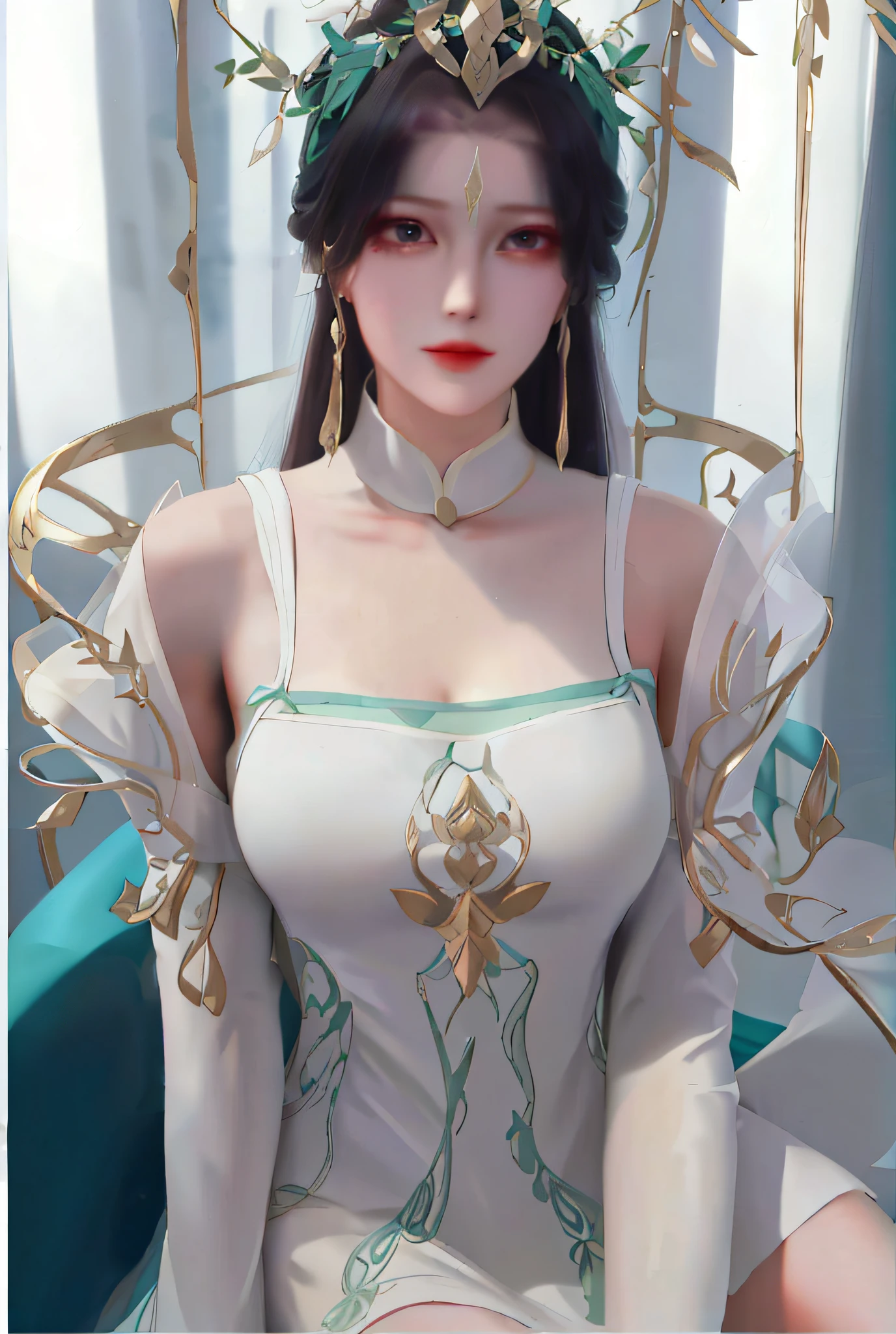 One in a white dress,Close-up of a woman with a crown on her head, a beautiful fantasy empress, ((a beautiful fantasy empress)), Inspired by Lan Ying, beautiful and elegant elf queen, smooth white tight clothes suit, full-body xianxia, Anime goddess, 8K high quality detailed art, inspired by Ju Lian, Inspired by Qiu Ying
