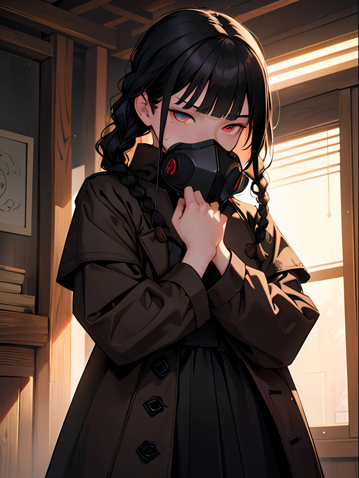 (smooth lighting), ((Beautiful eyes))30mm lens,wide shot layout,wednesday addams BREAK 12years old,black hair,blunt bangs,pale skin,red eyes,jitome,hollow eyes, half-closed eyes,detailed eyes,beautiful eyes,hair ornaments at hexagram,(braid),ashamed,troubled expression,best quality,ultra-detailed,(masterpiece),sweat,looking away, wear Brown trench coat,holding gas masks