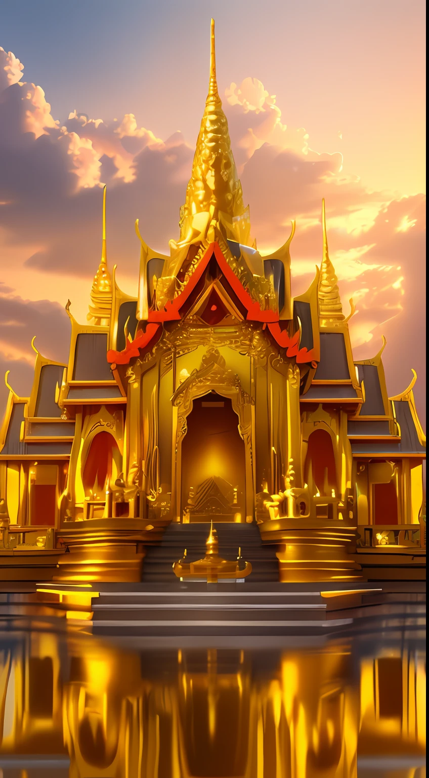 arafed building with a golden roof and a fountain in front of it, thai temple, thai architecture, buddhist architecture, temple background, buddhist temple, a temple, sculpture made of gold, large temples, beautiful render of tang dynasty, floating palace, thailand art, detailed intricate render, temple, highly detailed render, tibetan inspired architecture, very detailed render