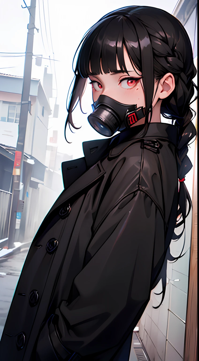 (smooth lighting), ((Beautiful eyes))30mm lens,wide shot layout,wednesday addams BREAK 12years old,black hair,blunt bangs,pale skin,red eyes,jitome,hollow eyes, half-closed eyes,detailed eyes,beautiful eyes,hair ornaments at hexagram,(braid),ashamed,troubled expression,best quality,ultra-detailed,(masterpiece),sweat,looking away, wear Brown trench coat,holding gas mask
