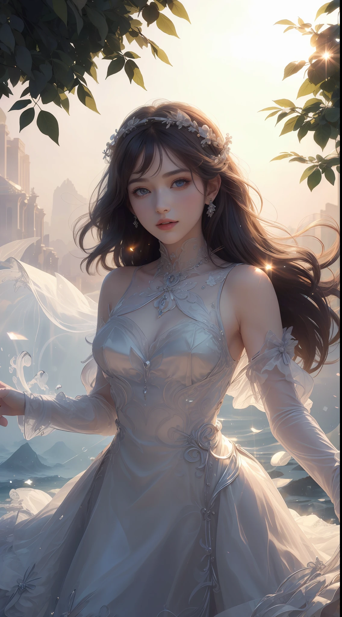 8K ultra hd, masterpiece, ultra quality, a cute girl, cute face, detailed eyes, detailed lip, medium breathe, dress, silvsr dress, beautiful shining dress, smoke effect, shining, morning time, sun light, whole body capture,