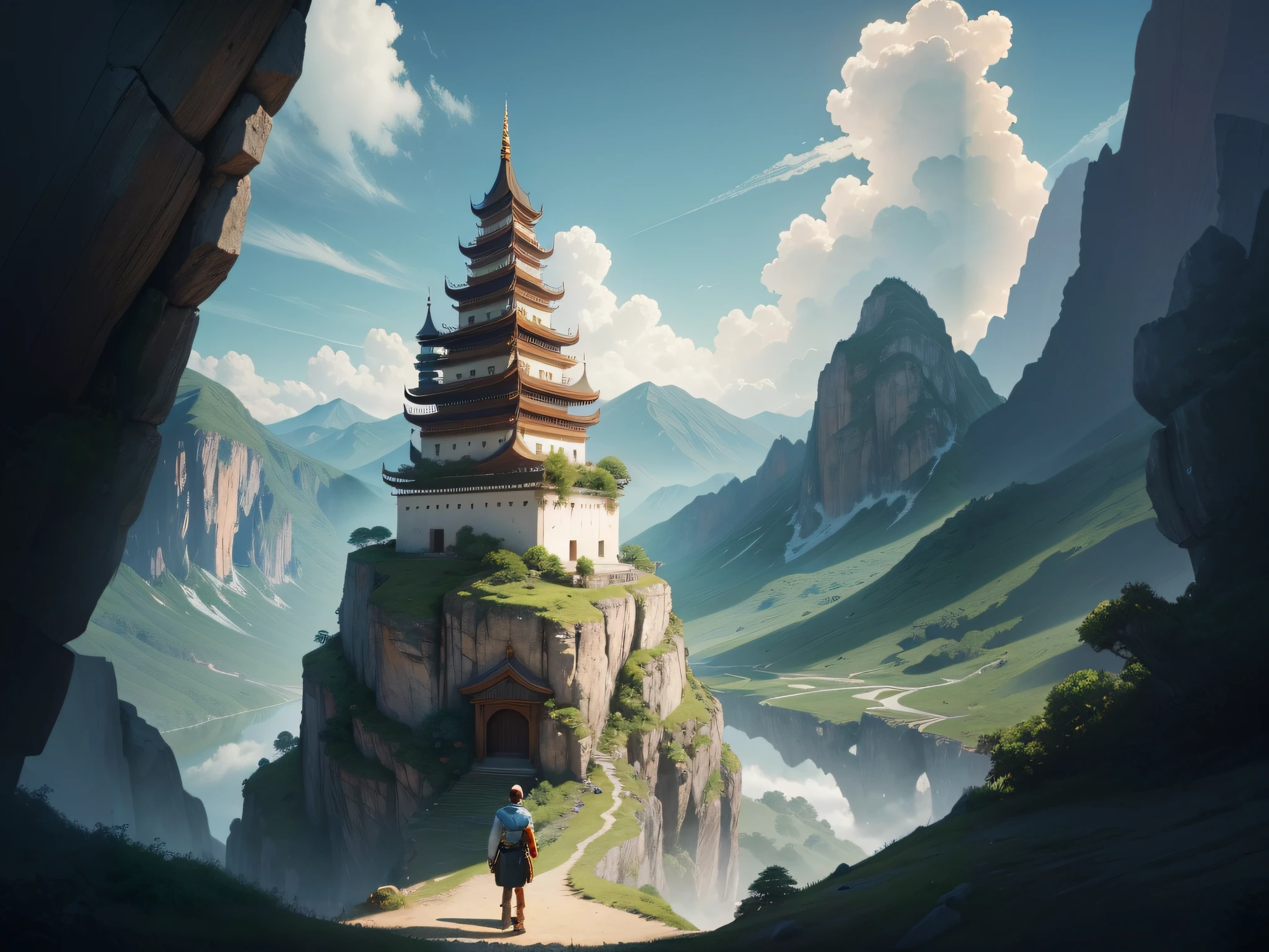 Anime scenario of a man walking on a path towards a pagoda, Tran Ross. scenic background, Pintura digital de um pagode, Estilo Andreas Rocha, Directed by: Raymond Han, Ross Tran e Michael Whelan, rossdraws global illumination, wlop e Tran Ross, inspirado em Andreas Rocha, Directed by: Jason Chan, Directed by: Bayard Wu, illustration matte painting, por Li Song
