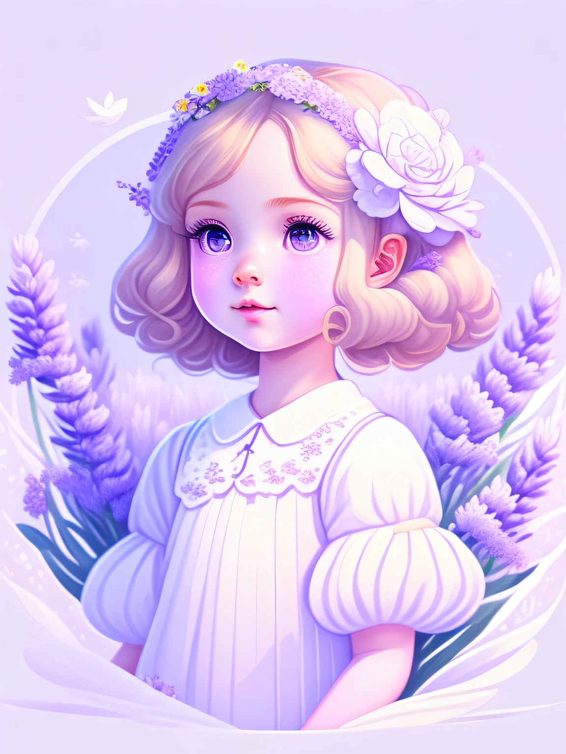 Lavender flower sea，There is a cute girl in a white dress，Graphic design style，Works of masters