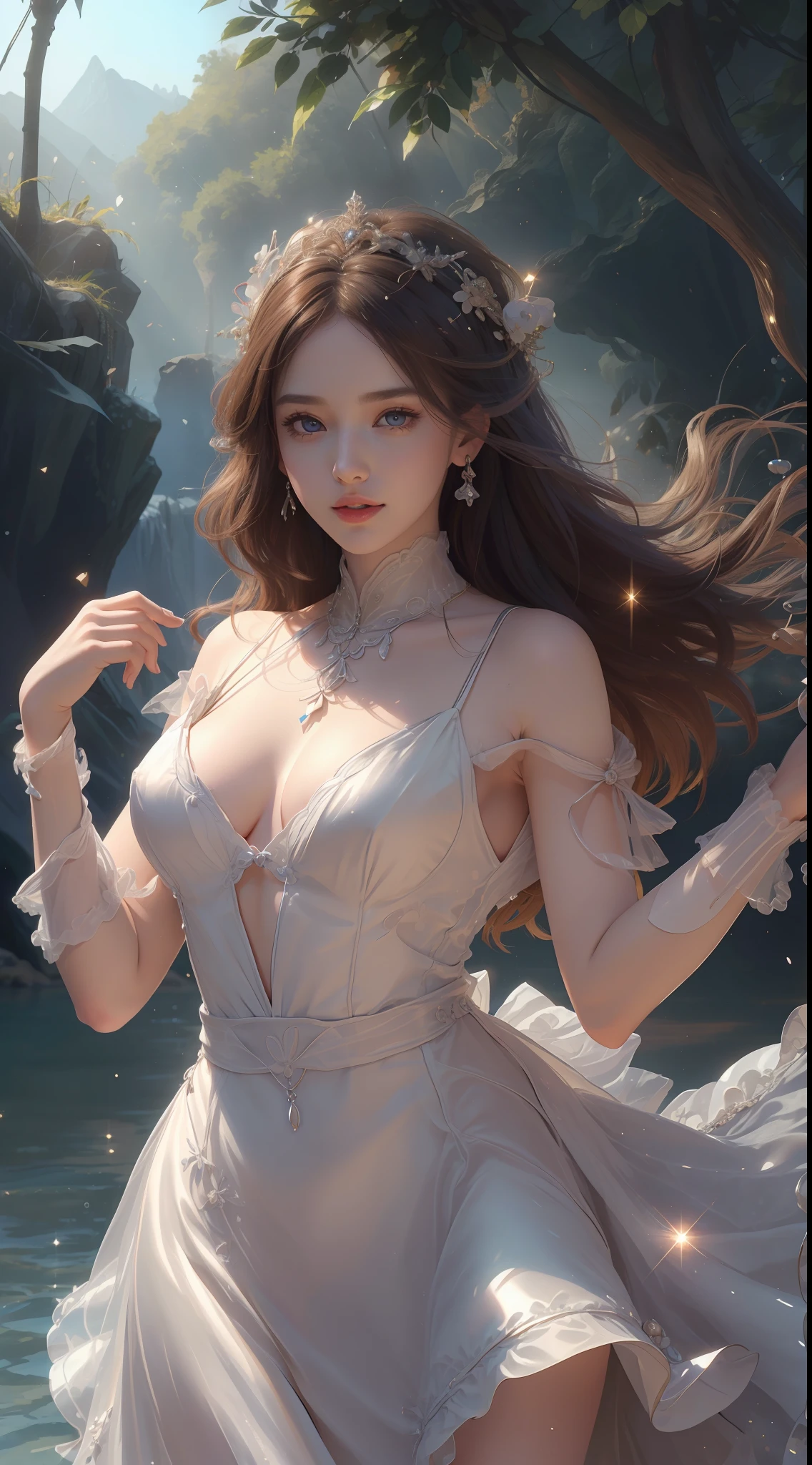 8K ultra hd, masterpiece, ultra quality, a cute girl, cute face, detailed eyes, detailed lip, medium breathe, dress, party dress, beautiful shining dress, shining effect, shining, morning time, sun light, whole body capture,