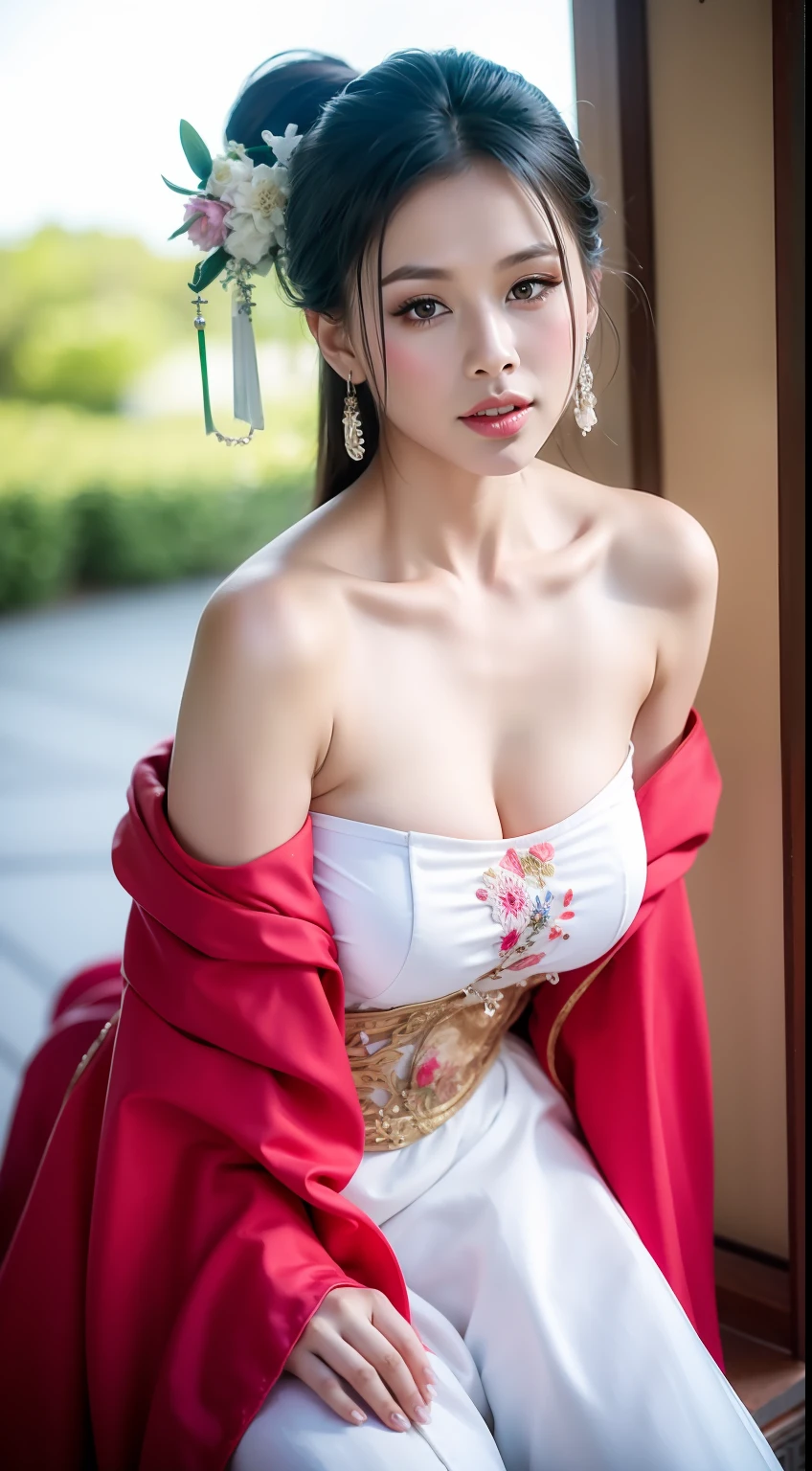 Fashion model 16 years old [[[[closeup cleavage]]]], [[[[boobgasm]]]], [[[[coll]]]], [[[[bshoulders]]]], perfect  eyes, Perfect iris，perfect lips，perfect teeth，Perfect skin，Long face，Soft front light，HDR，filmgirl,Red costume，White period costume，Pink period costume，Green leaves and flowers in the background，（pastel colour：1.2）