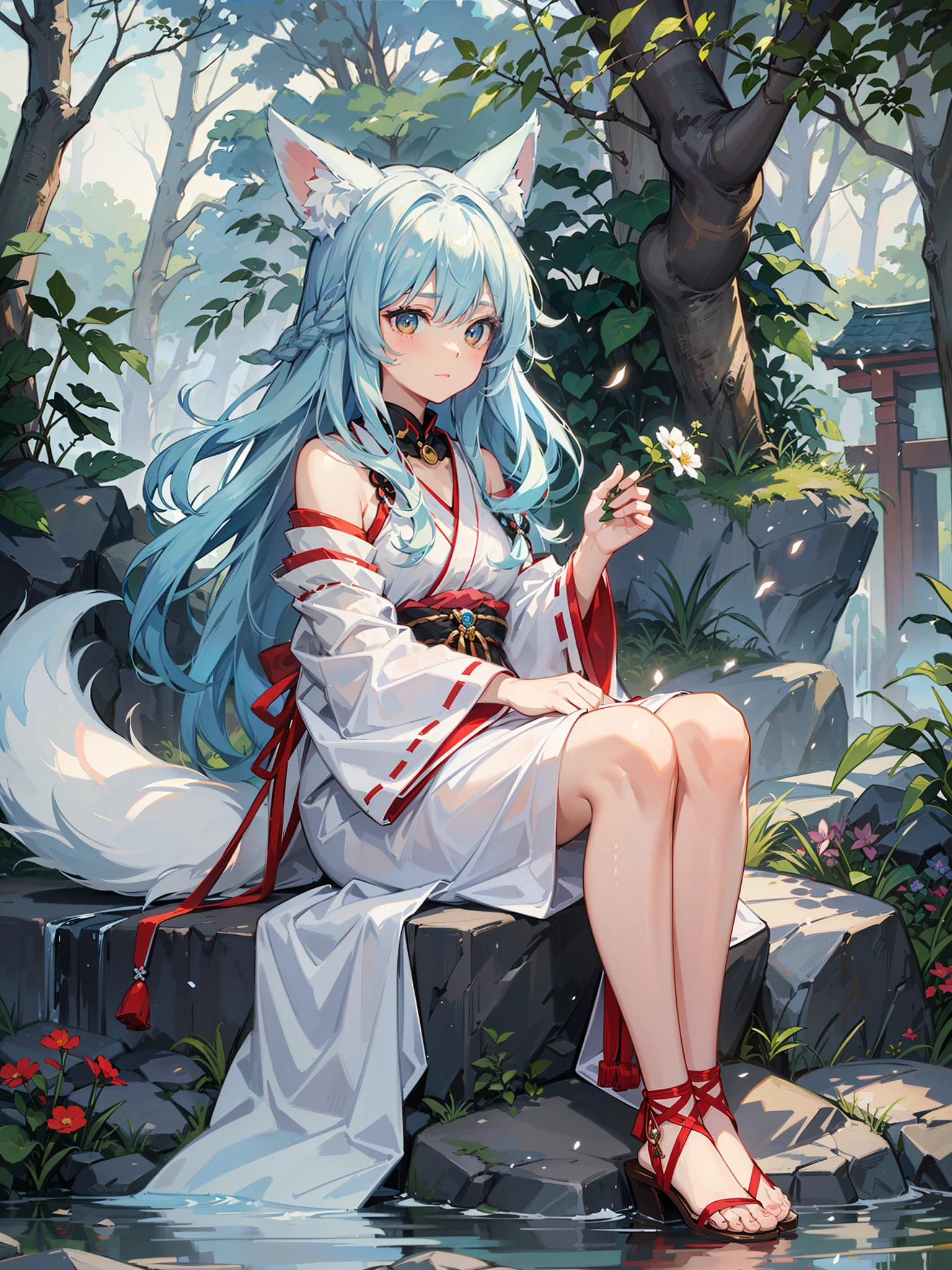 a woman, fox spirit, bright light blue hair with folded fox ears, wear white shrine clothes, she have fluffy fox tails, sit on the rock, with shrine background in the middle of the forest