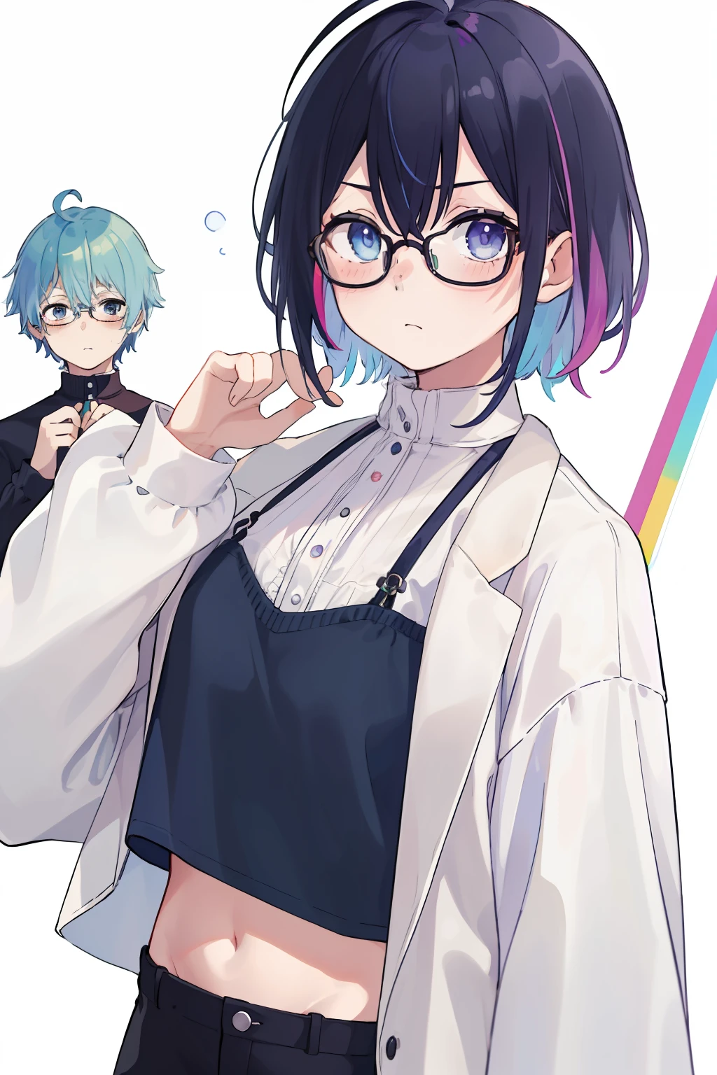 (​masterpiece、top-quality:1.1), One girl and one bespectacled boy, Empty clothes, Beautiful eyes of iridescent colors,punch , The two are good friends、moody expression, Rainbow Hair Color, bangss, Ahoge,croptop, Everyday background