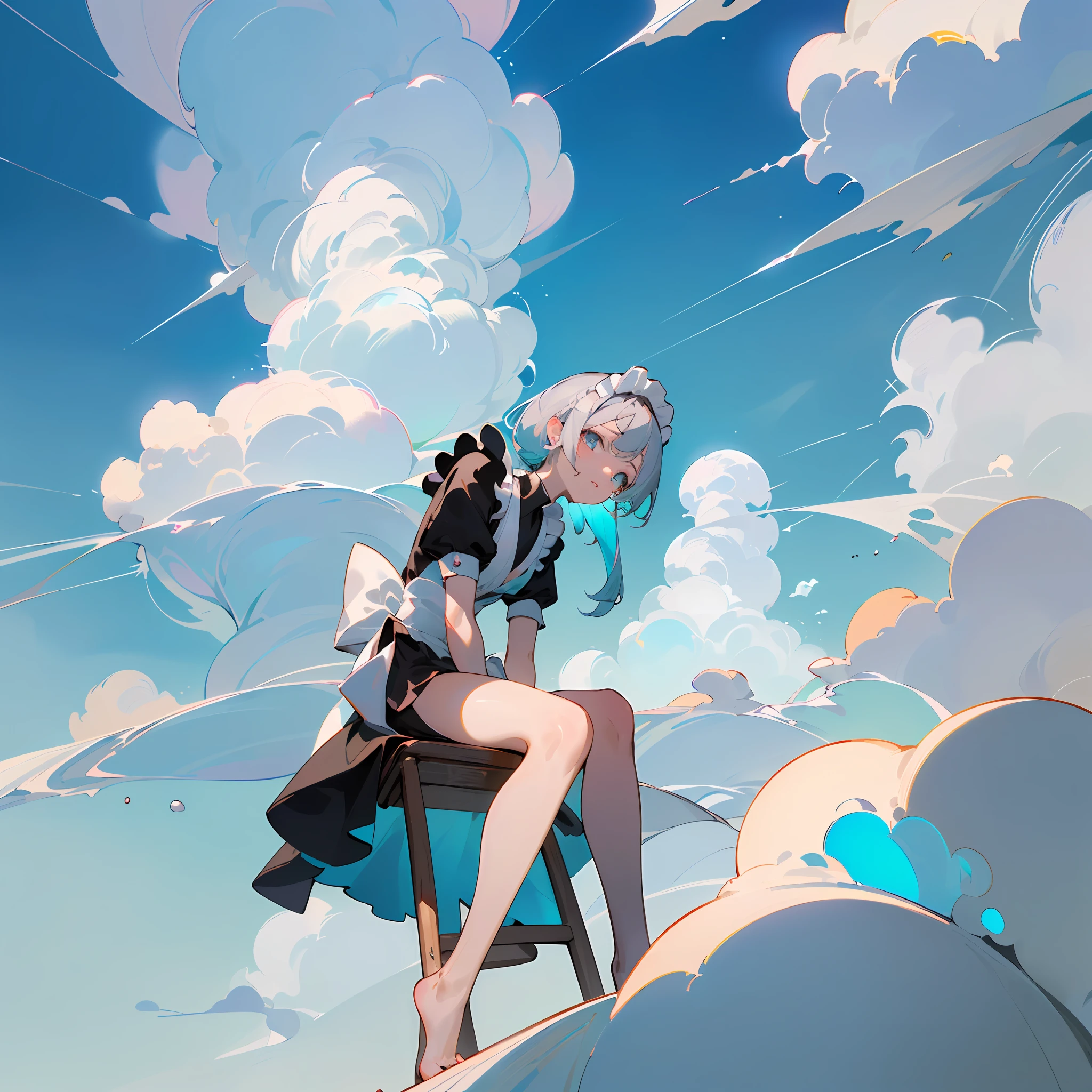 (master part, Qualidade Superior, melhor qualidade, Arte Oficial, Beautiful and Aesthetic:1.2),(8k, melhor qualidade, master part:1.2), There's a maid sitting on a stool, looking at a cloud in the sky his hair of silver color and cyan colored locks and eyes blue as the sky