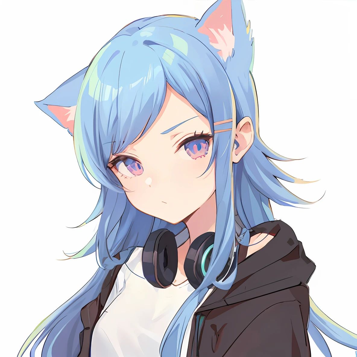 Anime Girl with blue hair and headphones, Anime Girl with cat ears, Moe anime style, Cute Catgirl Anime, anime catgirl, Beautiful Catgirl Anime, Girl with cat ears, 2D anime style, Cat anime, are sitting in a chair and wearing a girls' school shirt, anime style portraits, High-quality anime art , Anime cat girl extremely beautiful, (anime girl), In anime style, anime artstyle