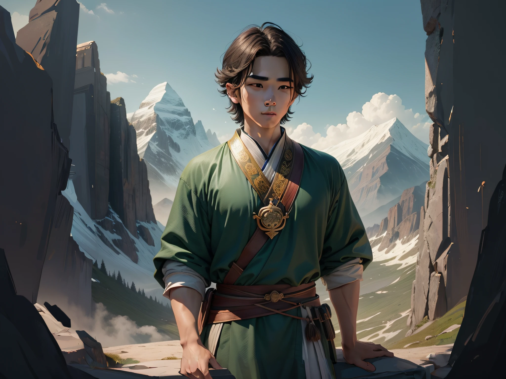 Imagem de um homem com uma roupa verde em frente a uma montanha, pintura de personagem bonita, Retrato de um jovem mago elfo, Artgerm e Atey Ghailan, cara bonito na arte demon slayer, Arte no estilo de Guweiz, inspirado por Yang Jin, Ross Tran e Bayard Wu, wlop e ross tran