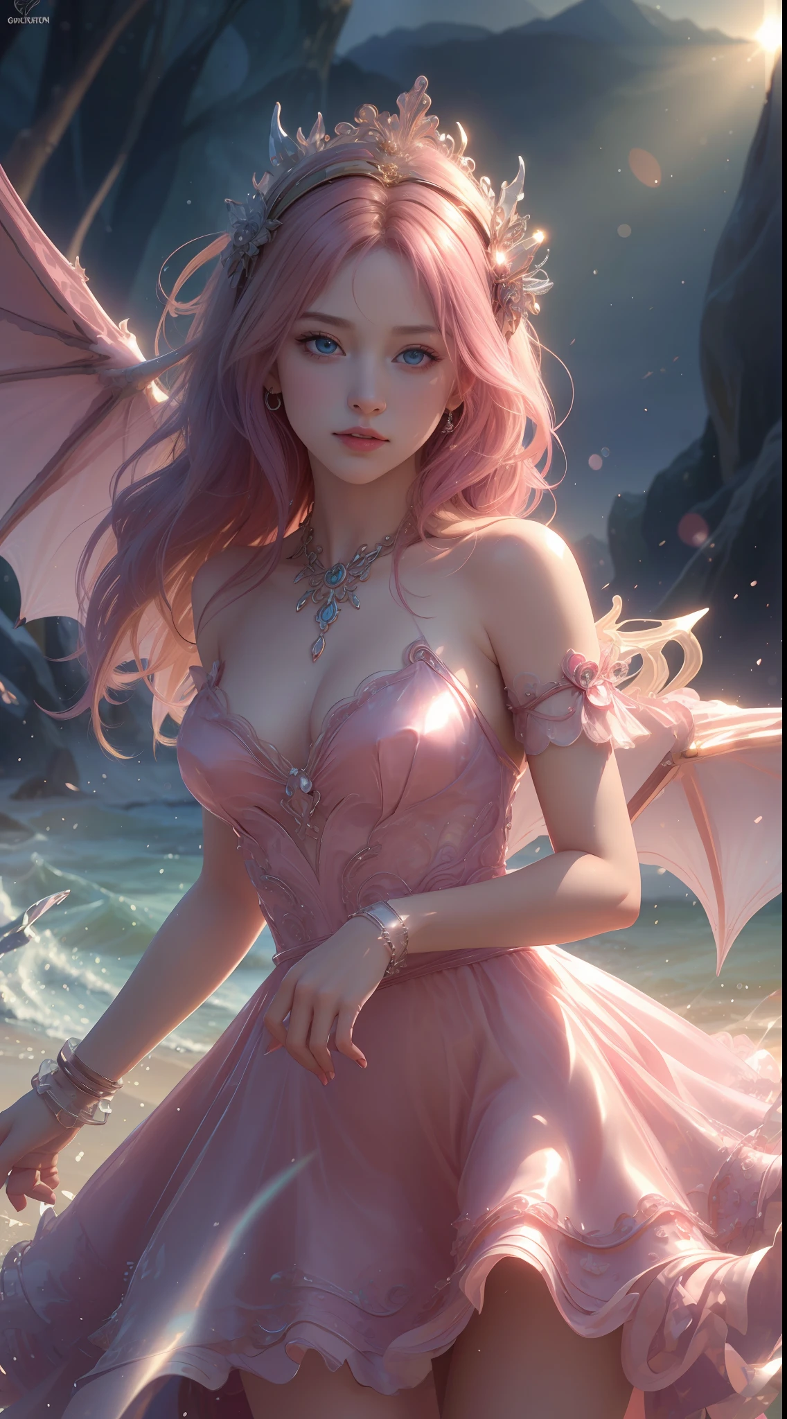 8K ultra hd, masterpiece, ultra quality, a cute girl, cute face, detailed eyes, detailed lip, medium breathe, dress, dragon pink dress, beautiful shining dragon dress, shining effect, shining, morning time, sun light, whole body capture,