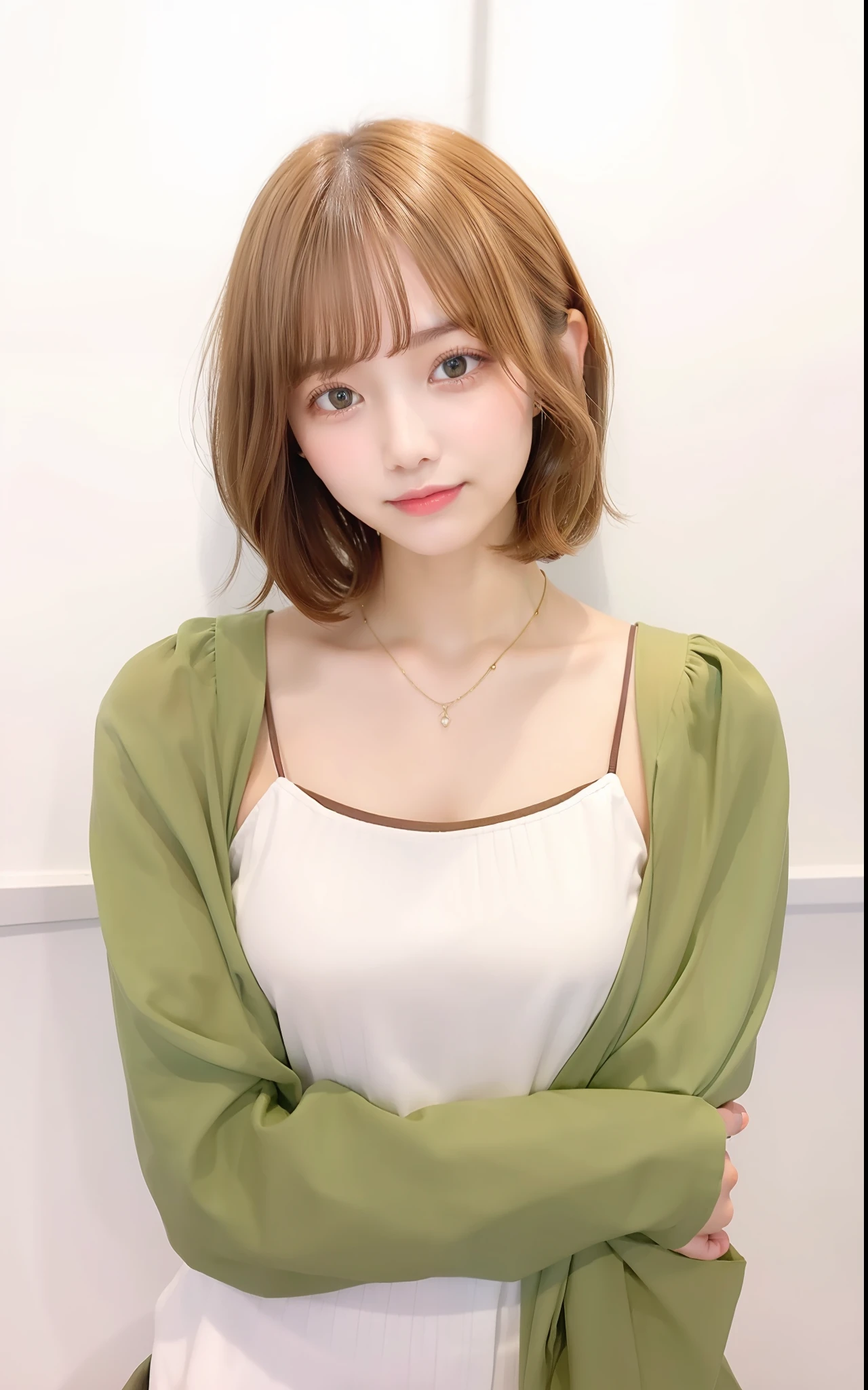 1 girl, short branched hair, elegant necklace around her neck, brown hair, white shirt, green outside