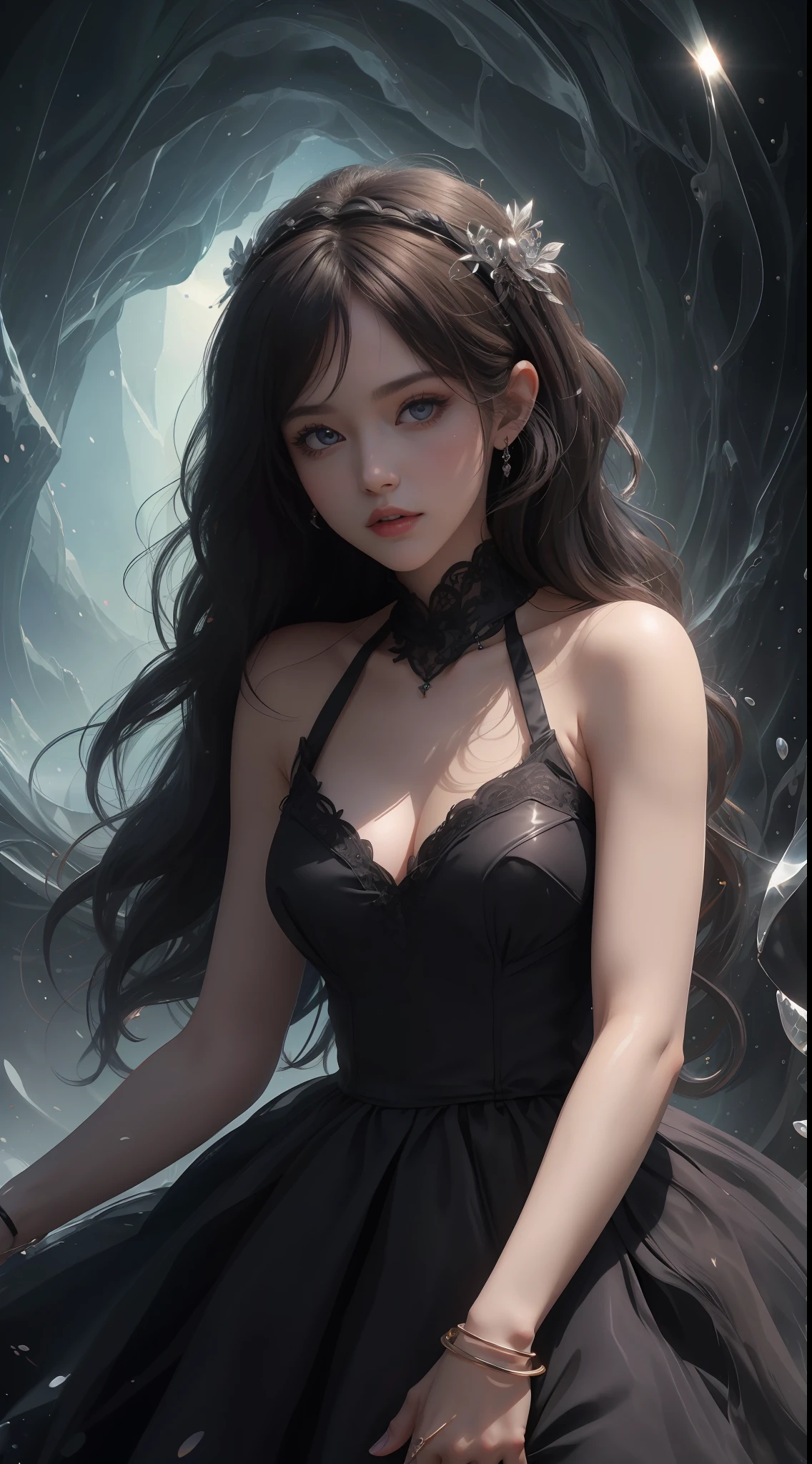 8K ultra hd, masterpiece, ultra quality, a cute girl, cute face, detailed eyes, detailed lip, medium breathe, dress, fantacy black dress, beautiful shining black dress, shining effect, shining, morning time, sun light, whole body capture,