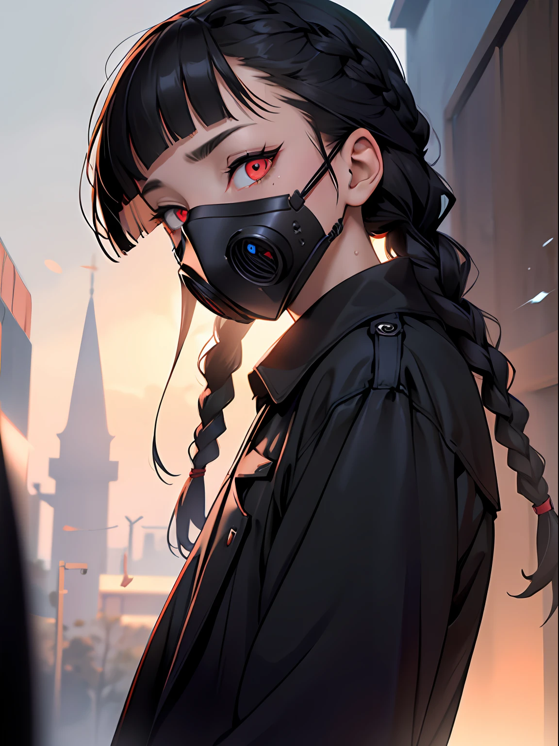 (smooth lighting), ((Beautiful eyes))30mm lens,wide shot layout,wednesday addams BREAK 12years old,black hair,blunt bangs,pale skin,red eyes,jitome,hollow eyes, half-closed eyes,detailed eyes,beautiful eyes,hair ornaments at hexagram,(braid),ashamed,troubled expression,best quality,ultra-detailed,(masterpiece),sweat,looking away, wear Brown trench coat,holding Full-face gas mask