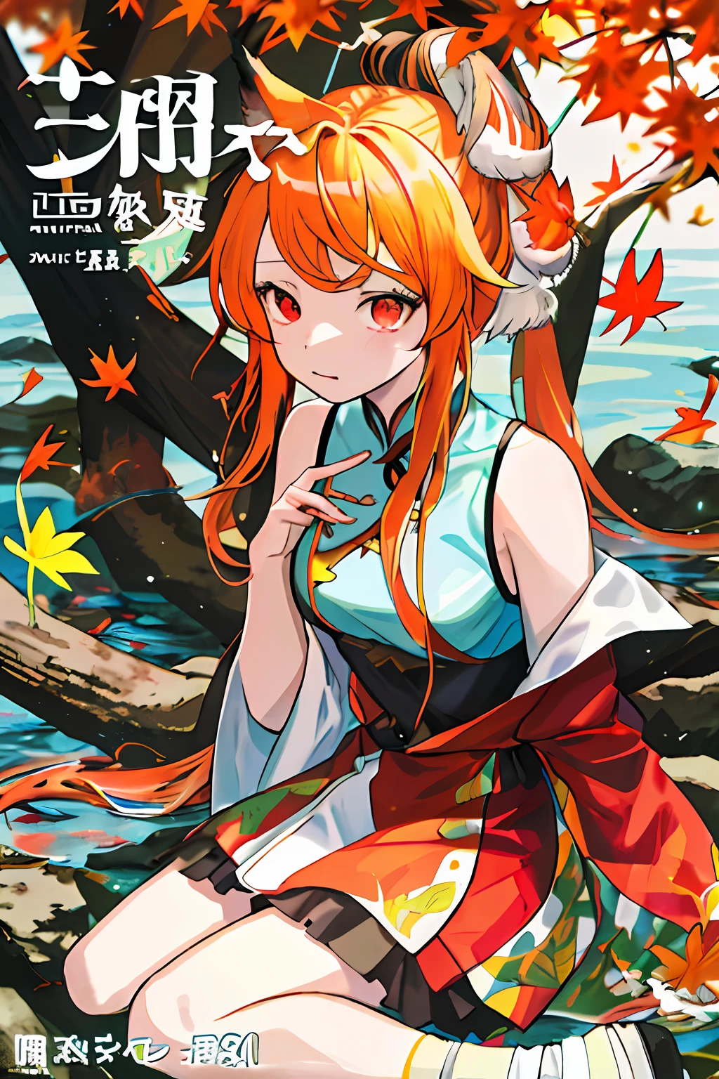 Englai Wonderland，Chinese mythology，Colorful auspicious clouds，autumnal，fall leaves，falling leaf，holding_leaf，fronds，Leaf background，leaf hair ornament，maple leaves，aki_shizuha，Leaf print，starfish，Veins of anger，ginkgo leaf，Cephalic parietal lobes，Veins of anger，The tree，waterfallr，sweet potato，dragonfly，acorns，独奏，pigtails，Blurred foreground，1girl，In the daytime，painting of a，depth of fields，bblurry，long whitr hair，tree branch，Hair decoration，Leaves in the wind，ln the forest，exteriors，naturey，bonfires，The shirt，lookingat_at_viewer，hot onsen，Koi，sitted，tmasterpiece，Best quality at best，（Best quality at best), ((masterpiece)), (highres), Original, Extremely detailed 8K wallpaper, (Extremely Delicately Beautiful),((详细的脸)), beatiful detailed eyes, Hair flutters in the wind, messy  hair, lens flare glow, 1little girl,full bodyesbian,(blonde eyes),(red - eyed),(Wolf ears),(Yellowhair),(Wolf tail),(Wolf ears),(Moe girl:1.1),(Wolf ears),Nice detailed eyes，Orange hair，Very long hair，little breast，（looking at viewert），（Magazines：1.3），（Cover style：1.3），Fashionab，woman，with dynamism，garments，posing on a，frontage，Colorful，dyna，Background with，element in，self-assured，Expressing the，halter，statement，fittings，A majestic，coil，Runt，Touching pubic area，Scenes，text，Cover of a，Bold，attention-grabbing，titles，Fashionab，typeface，Catchy，titles，more big，smart，modern day，Fashionab, focus-on, Fashionab