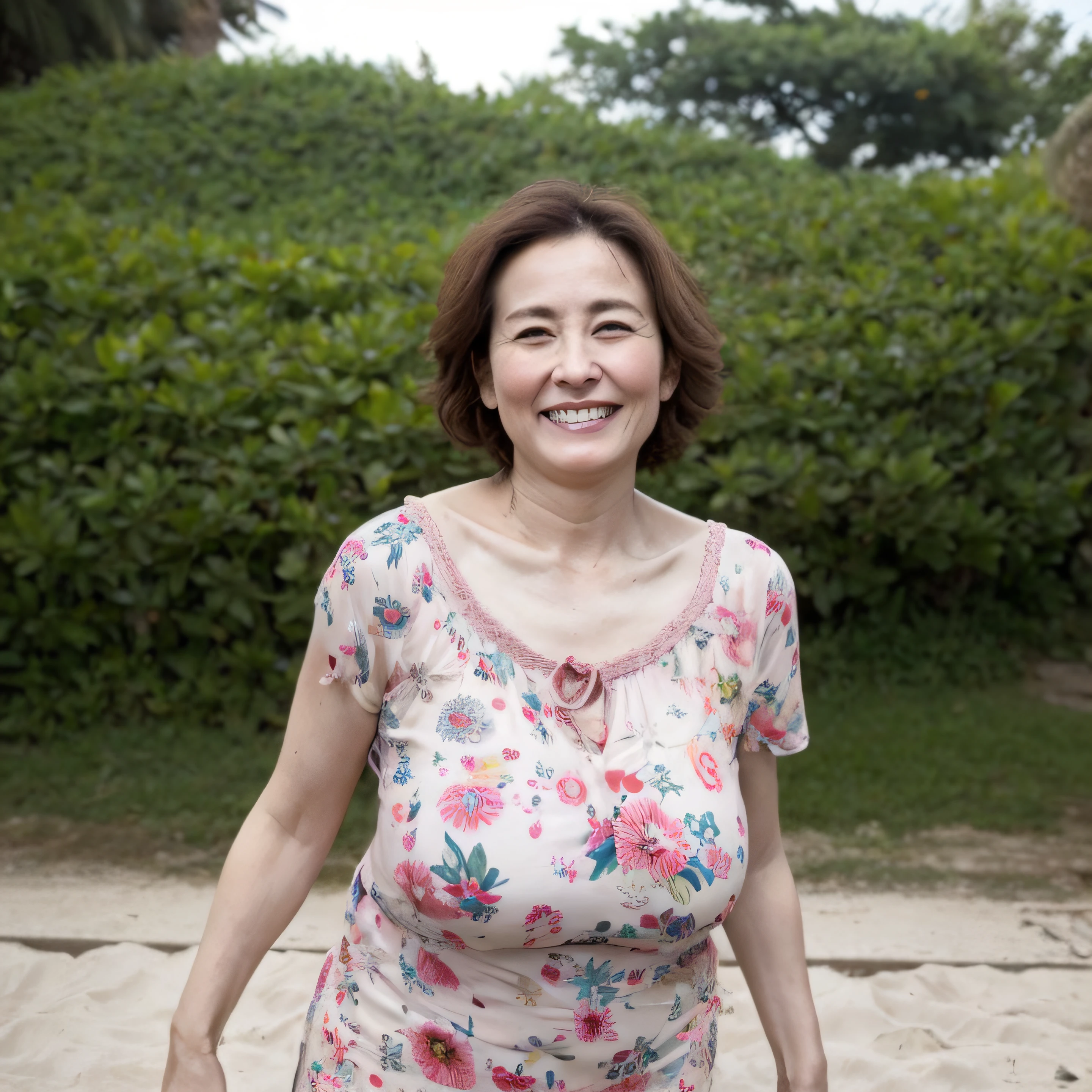 ((Unbeatable masterpiece,Best quality at best)),mombod ,Ordinary mature old woman,,30-year-old female,40 years old,In front of the beach,huge boob,cheerfulness