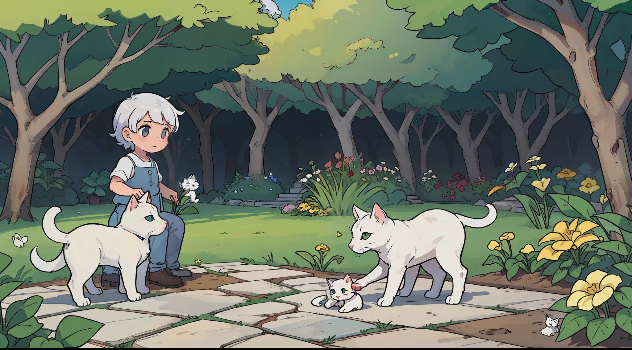 ((beautiful garden setting)), Cute white cat puppy with gray spot on head, junto de seu amigo esquilo, brincando e explorando o ambiente natural e ensolarado do jardim.
