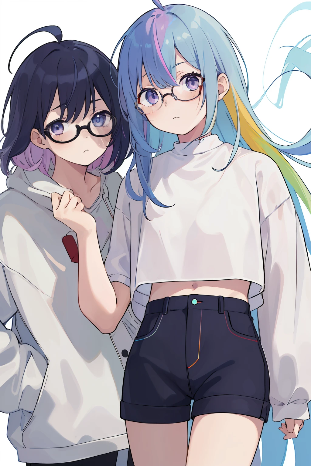 (​masterpiece、top-quality:1.1), One girl and one bespectacled boy, Empty clothes, Beautiful eyes of iridescent colors,punch , The two are good friends、moody expression, Rainbow Hair Color, bangss, Ahoge,croptop, Everyday background