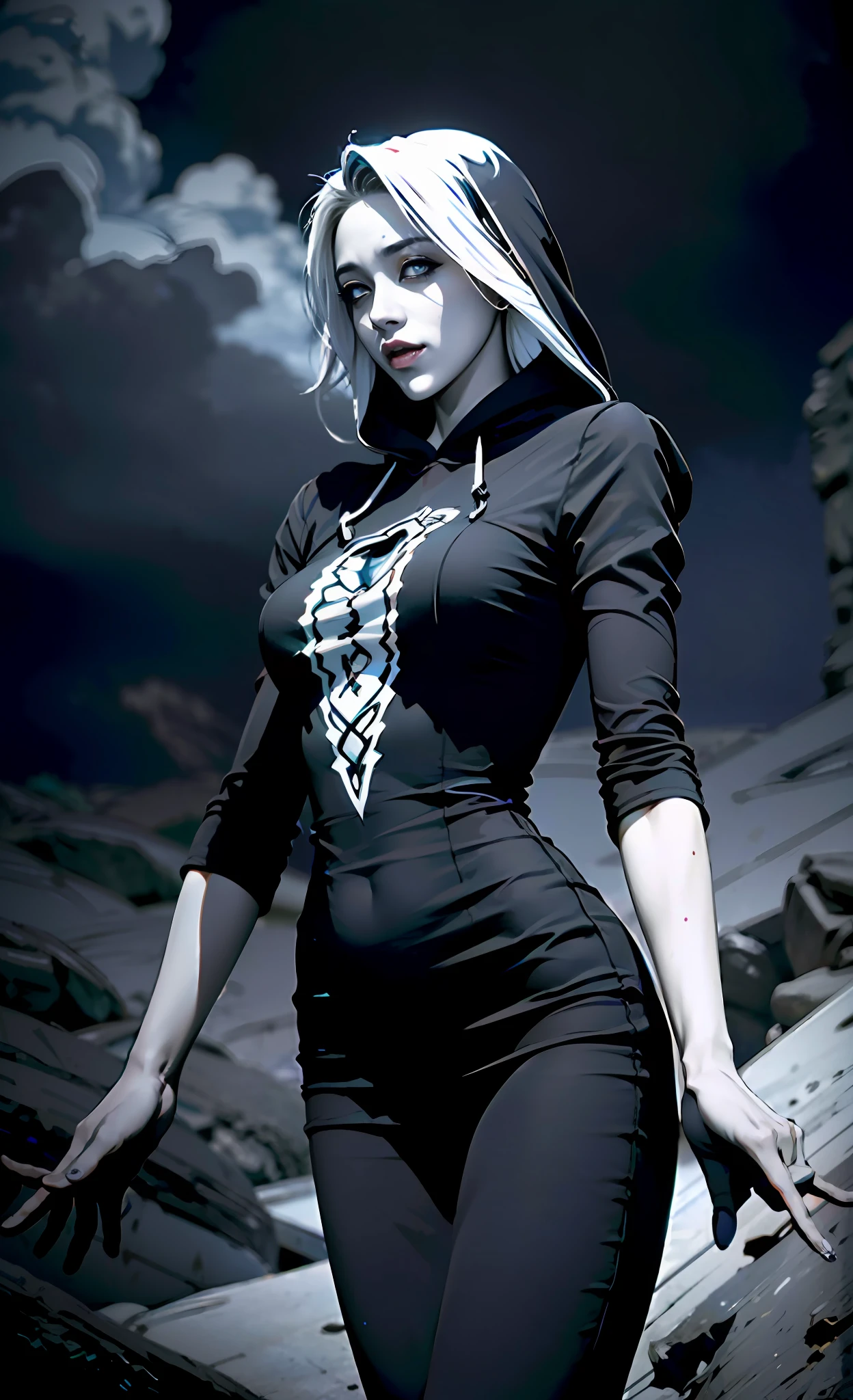 (absurdes, ah high, ultradetailed), ((A girl)), a 1girl, androgynous vampire, High Stability, ((white colored hair)), pubic tattoo, ((чрезвычайно детализированные обои CG unity 8k, intricate detials, (style-swirlmagic: 0.8), portraite of a, looking a viewer, 独奏, (full length: 0.6), dynamicpose, Detailed background, Madness in the eyes, floating in the air, A Necromancer, Evil to the bone, Red clouds, casting spell, fireball, Dark hooded mantle, The Dark Circle, Underworld, Warhammer theme, bringer of false light, Dark clouds, floating chunks of dirt, decadence, Outgoing evil energy, dark aura, Broken shackles)), (cowboy shot) junji ito 4 k, with long gray hair, ito junji art, style of junji ito, portrait of sadako of the ring, Gentle androgynous princess , Beautiful androgynous princess, nice feet, detailing, Burst breasts, extra high resolution, 8K, (Lovely Medium Breasts), perfect anatomy, (shapely body), Beautiful slender legs, Extremely detailed eyes and face, beautiful detail eyes, extremely detailed body, ((Gloomy color scheme:1.6))