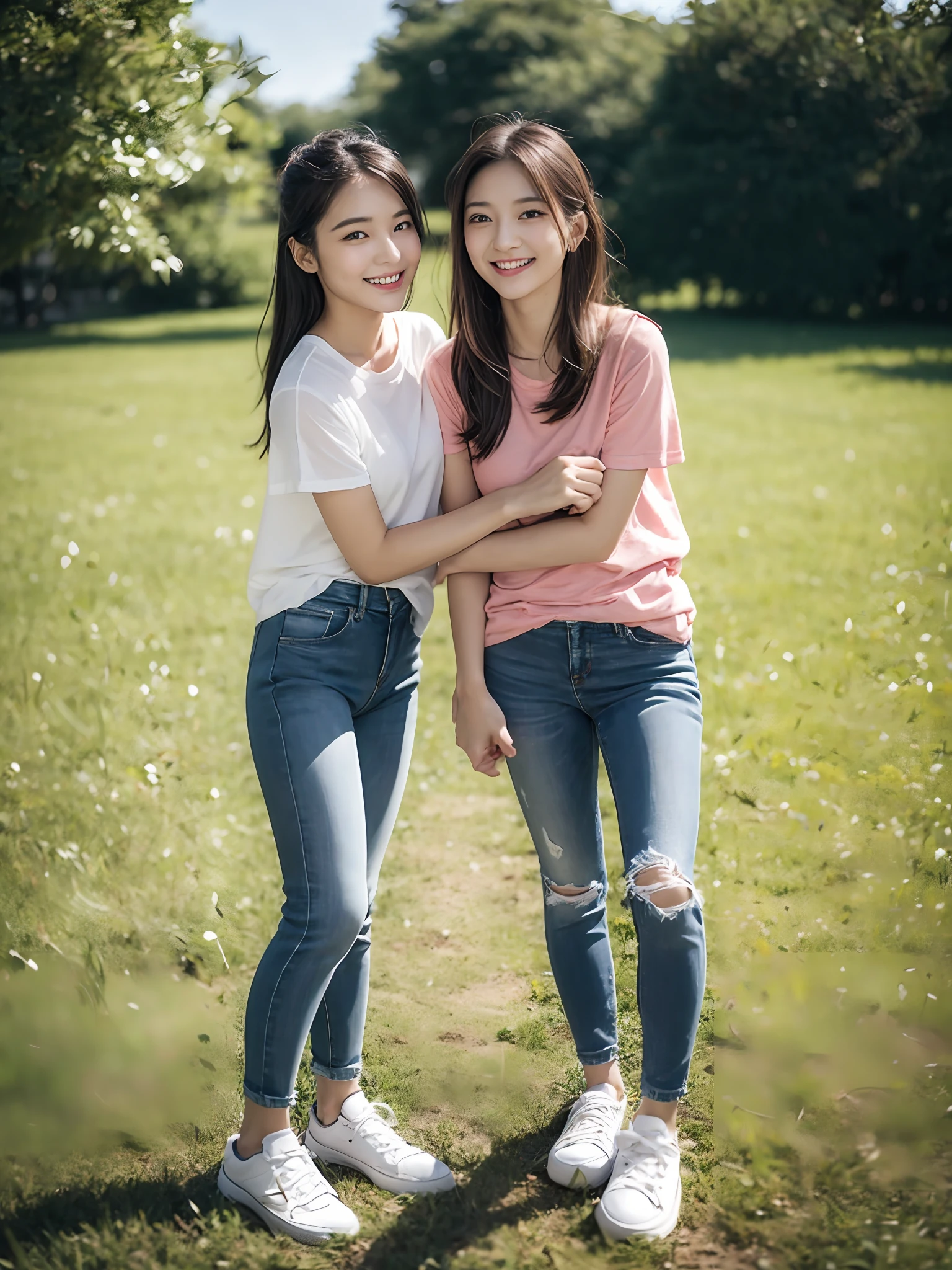 （超高分辨率，RAW photogr，realisticlying，tmasterpiece，best qualtiy：1.4），Complicated details，3个女孩，3 20 year old Korean girl，Wear a loose black T-shirt and skinny jeans，Stand on the grass and take pictures，hugs，Intimate relationships，Detailed meadow，A sweet smile on a small face，Ultra-realistic facial details，The face and skin are pink and white, and luminous，Playful and coquettish pose，The calves are straight and slender:1.2，Wear high-end brand sneakers:1.0，eventide：0.3，Broad lighting，naturalshadow：1.0，超高分辨率，taking a full body photo:1.8