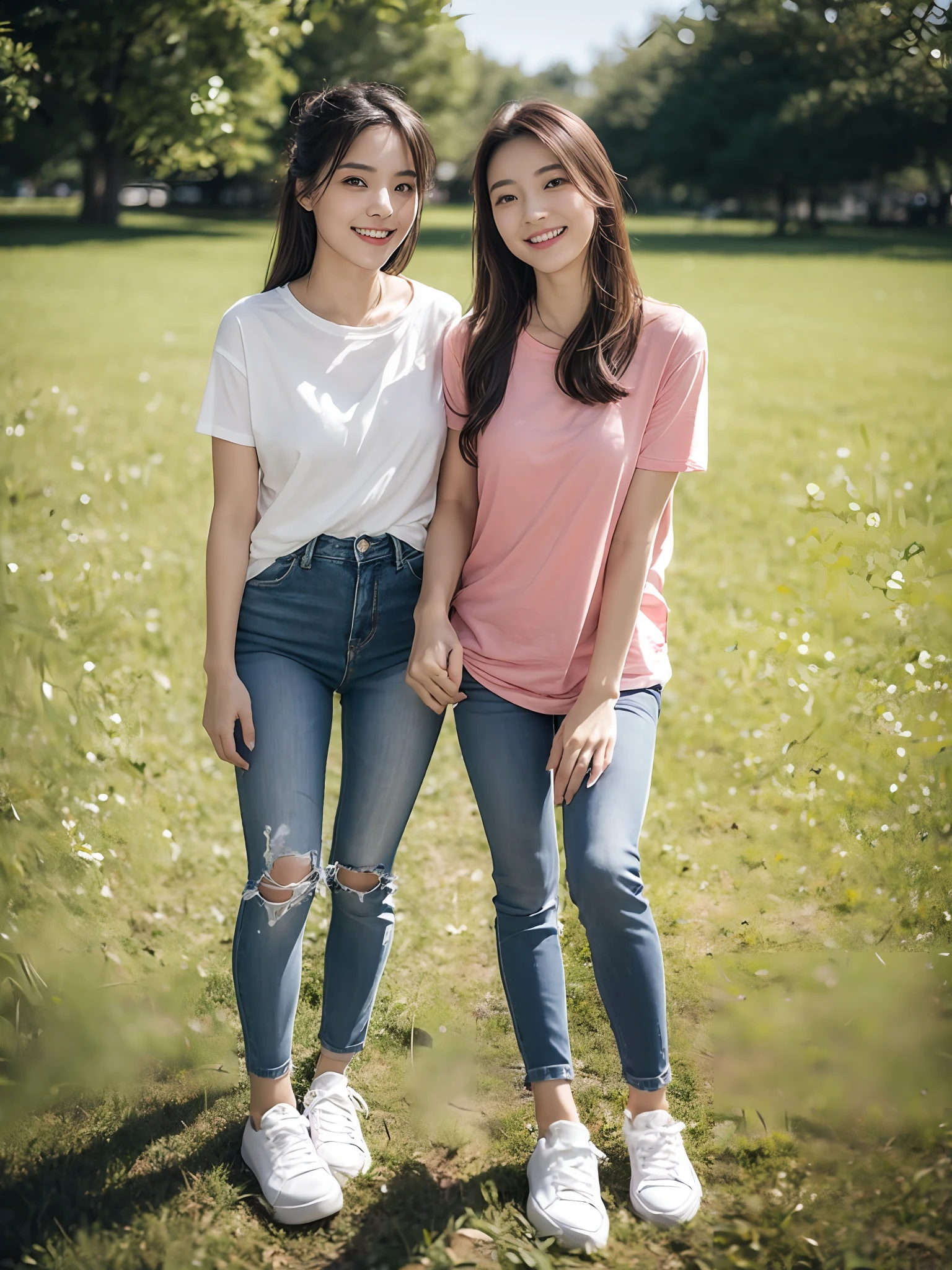 （超高分辨率，RAW photogr，realisticlying，tmasterpiece，best qualtiy：1.4），Complicated details，3个女孩，3 20 year old Korean girl，Wear a loose black T-shirt and skinny jeans，Stand on the grass and take pictures，hugs，Intimate relationships，Detailed meadow，A sweet smile on a small face，Ultra-realistic facial details，The face and skin are pink and white, and luminous，Playful and coquettish pose，The calves are straight and slender:1.2，Wear high-end brand sneakers:1.0，eventide：0.3，Broad lighting，naturalshadow：1.0，超高分辨率，taking a full body photo:1.8