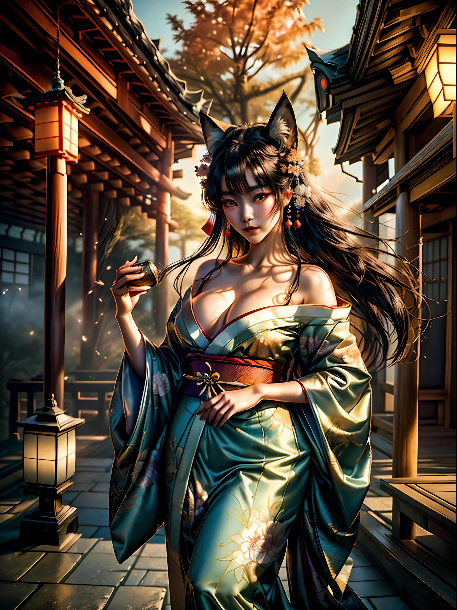 (masterpiece, high resolution:1.3), (photo of the Japanese folklore nine-tailed fox as a woman:1.4), (the mythical spirit possessing an alluring human form:1.2), (her perfect physique, adorned with graceful curves and ample bosom:1.4), (Sony Alpha 7R IV camera, renowned for capturing stunning portraits:1.3), (paired with the Sony FE 24-105mm f/4 G OSS lens:1.3), (the fox woman wearing an elegant traditional Japanese kimono:1.3), (the kimono exquisitely reflecting Japanese cultural motifs:1.1), (her decollete adding a touch of sensuality to her appearance:1.3), (standing regally in the serene ambiance of a Buddhist temple:1.1), (the temple's solemnity amplifying the mythical presence of the fox spirit:1.1), (her eyes glinting with otherworldly wisdom and allure:1.3), (a delicate blend of mythical beauty and earthly charm:1.1), (the kimono's colors symbolizing the fox's supernatural essence:1.1), (a moment frozen in time, capturing the essence of ancient folklore:1.1), (a captivating portrayal of the enigmatic nine-tailed fox:1.1), (the spiritual ambiance of the temple enhancing the photograph:1.1), (a timeless depiction of Japanese cultural and mythical heritage:1.1), (the fox spirit symbolizing intelligence, transformation, and protection:1.1), (an image that bridges the gap between myth and reality:1.1), (a captivating blend of ancient legends and artistic expression:1.1), (the soft light of the temple infusing the spirit with an ethereal glow:1.1), (a photo that encapsulates the fox's mesmerizing charm:1.1), (the intricate details of the kimono and the spirit's allure embodying the essence of Japanese folklore:1.1), (an evocative portrayal of the spirit's divine connection to human existence:1.1)