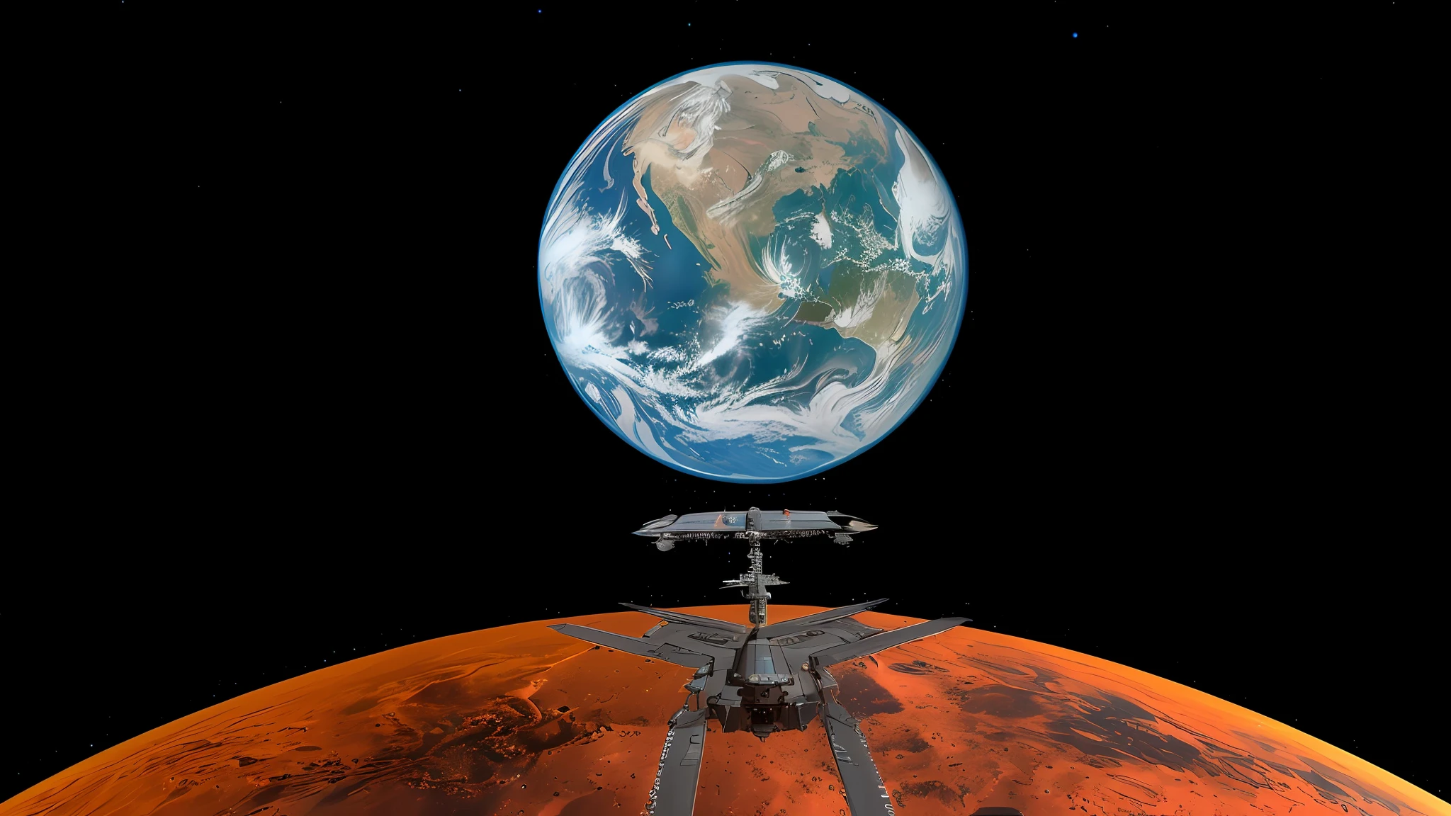 spaceship flying over a planet with a star trek ship in the background, planet arrakis, terraformed mars, musk's mars migration program, red rising planet, planet mars in the background, mars setting, mars invasion 2 0 3 3 - 2 0 4 2, orbiting a strange planet, terraforming mars, mars base, mars colony